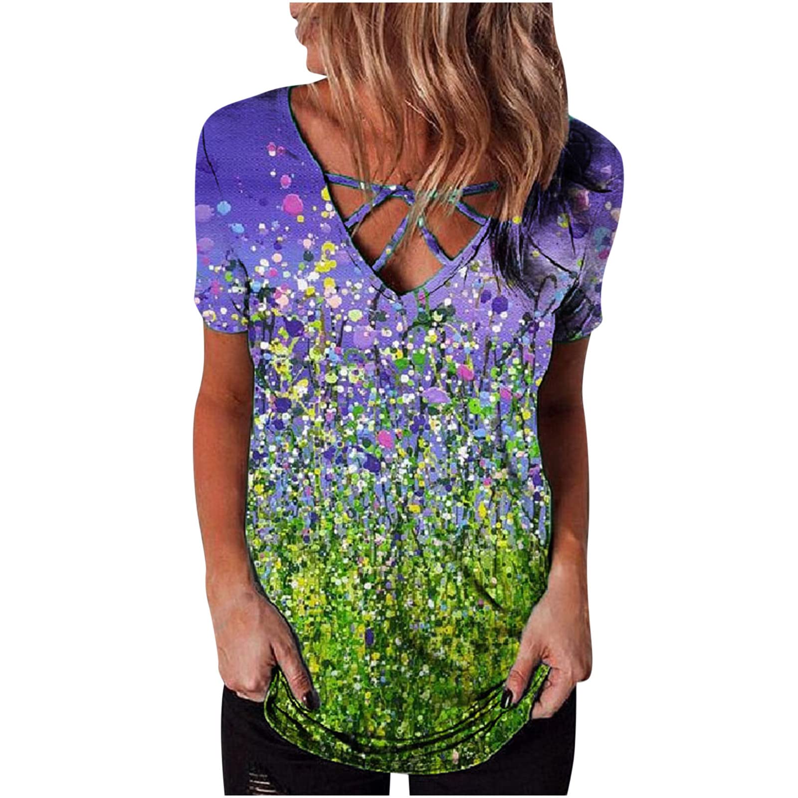 Women's Floral Print V-Neck Tie Front Short Sleeve Blouse - Summer Casual Tunic Top for Women - Perfect for Beach Outings, Date Nights & Summer Vacations