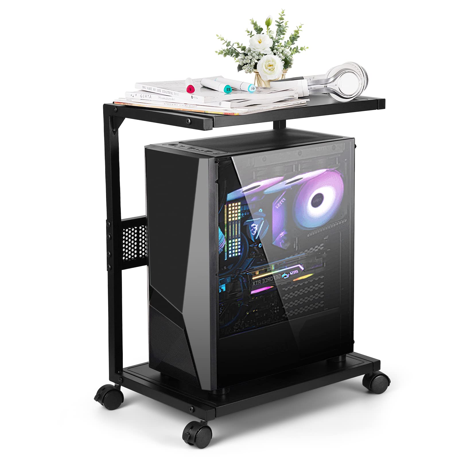 2-Tier Metal PC Stand with Locking Caster Wheels - Heavy Duty Computer Tower Stand for Most Desktop PCs | Perfect for Home Office, Gaming Setup & Workspace Organization