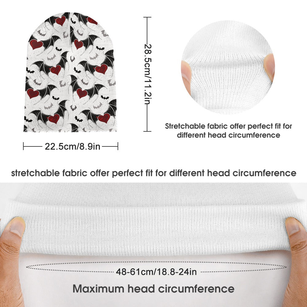 Heart Bats Beanie Hat - Cute Bat Design Knit Cap for Women & Men - Perfect for Halloween, Cosplay, and Winter Fashion