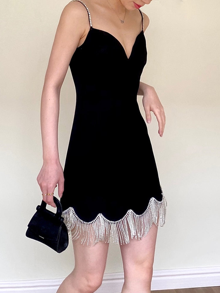 Sexy Black V-Neck Sleeveless Mini Dress for Women - High Waist Patchwork Design with Chain Tassel Hem | Perfect for Night Out, Party, Date Night and Club Wear