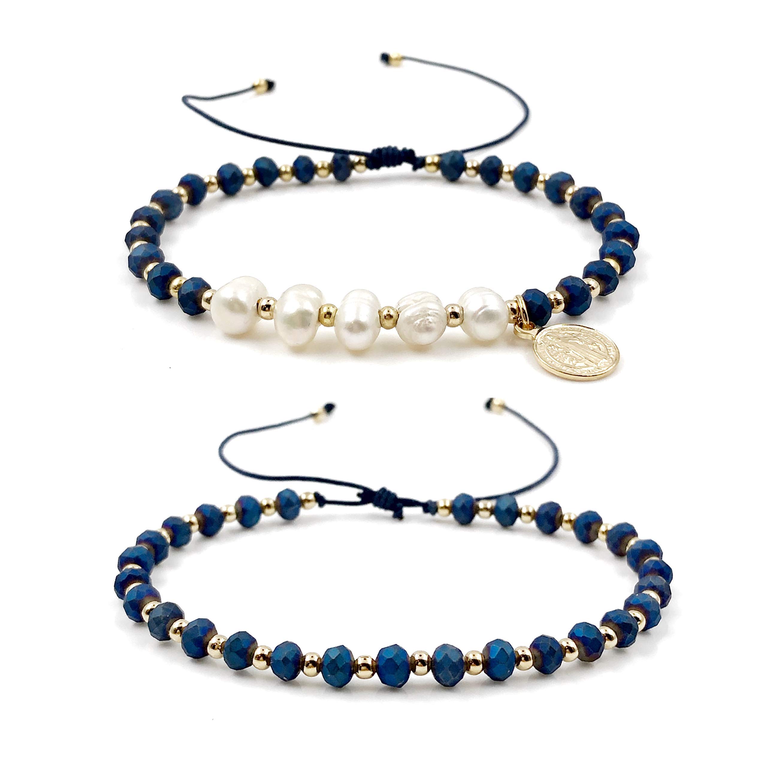 St. Benedict Medal Adjustable Handmade Bracelet Set for Women - 2 Pack Blue Beaded Spiritual Jewelry | Gift for Baptism, Confirmation & Daily Wear