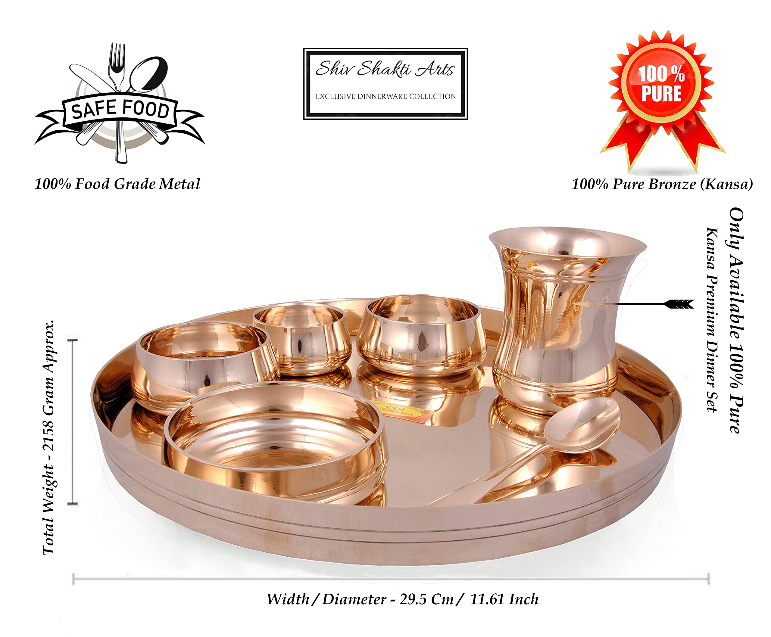 Shiv Shakti Arts® Premium 7-Piece Pure Bronze Kansa Thali Dinner Set in Gold - Luxury Ayurvedic Metal Dining Plates for Healthy Eating & Traditional Indian Meals - Perfect for Home Dining, Festivals & Wedding Gifts