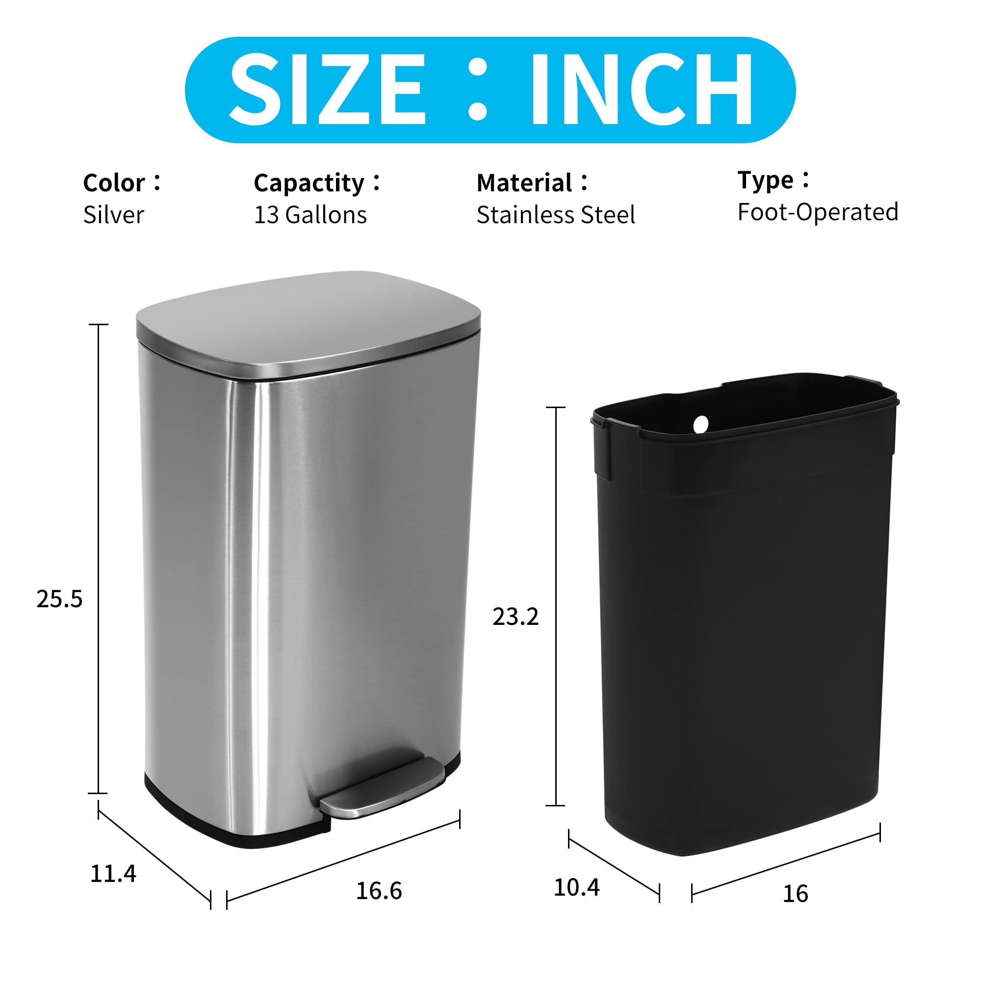BLKMTY 13 Gallon Stainless Steel Step Trash Can with Lid & Inner Bucket - Pedal Kitchen Garbage Bin for Office & Home Use - Durable Silver Metal Waste Bin for Kitchen, Bathroom & Office Spaces