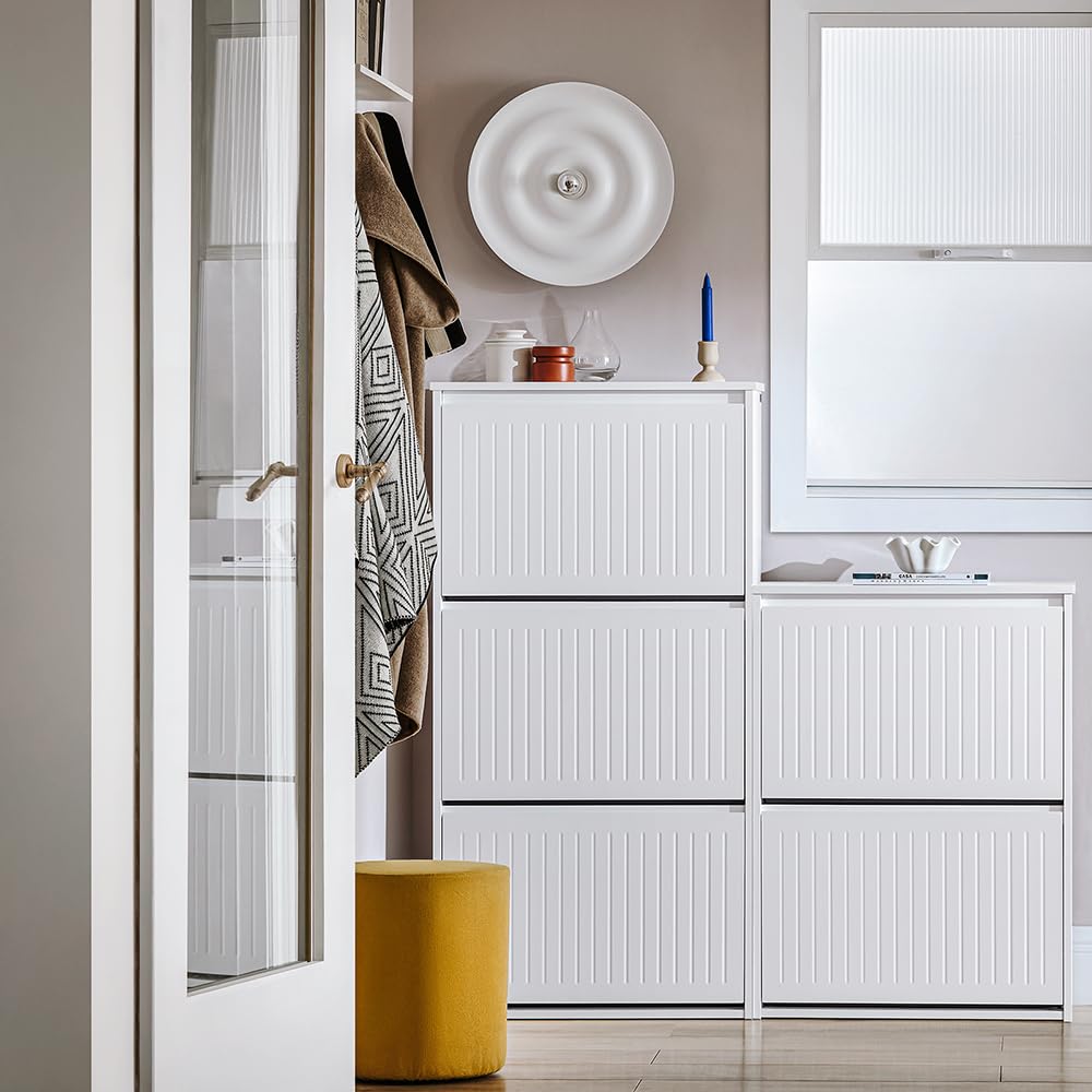 3-Tier Flip-Drawer Shoe Storage Cabinet - Freestanding Shoe Organizer for Entryway & Narrow Hallway - White Shoe Rack for Small Spaces - Perfect for Apartments, Dorm Rooms & Closet Organization