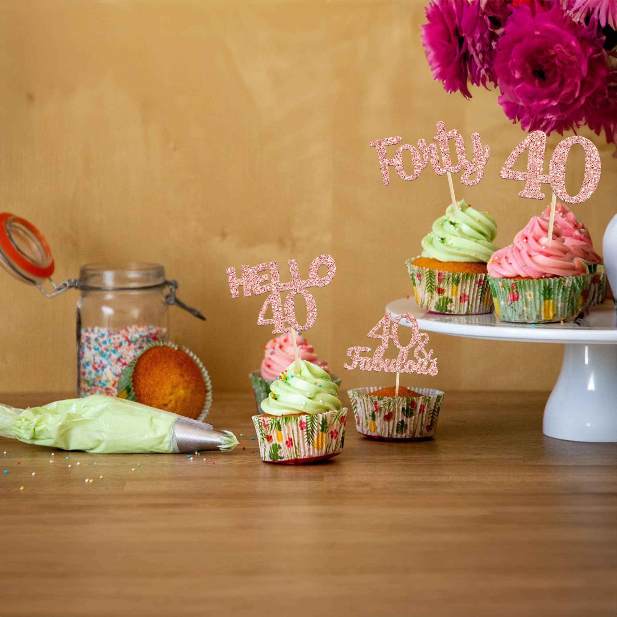 24 Pack Glitter 40th Birthday Cupcake Toppers - Hello 40 Forty Cake Decorations, 40 & Fabulous Rose Gold Cupcake Picks for Women's 40th Birthday Party, Anniversary, Retirement Celebration - Perfect for Cake, Cupcake, Dessert Decorating Supplies