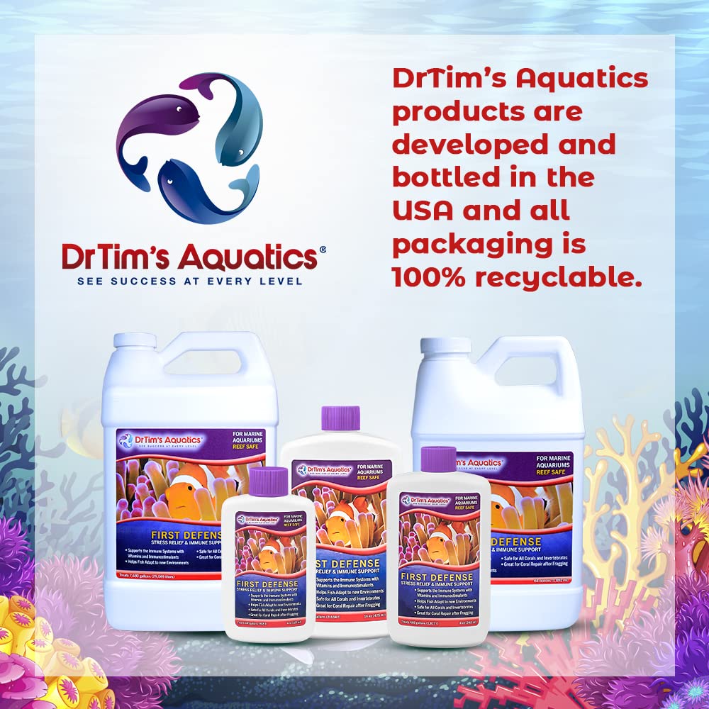 DrTim's Aquatics First Defense for Reef Aquariums - Stress Relief & Immune Support with Vitamins & Immunostimulants for Saltwater Fish - 32 oz Bottle - Perfect for Coral Reef Tanks, Marine Fish Health & Water Quality Maintenance