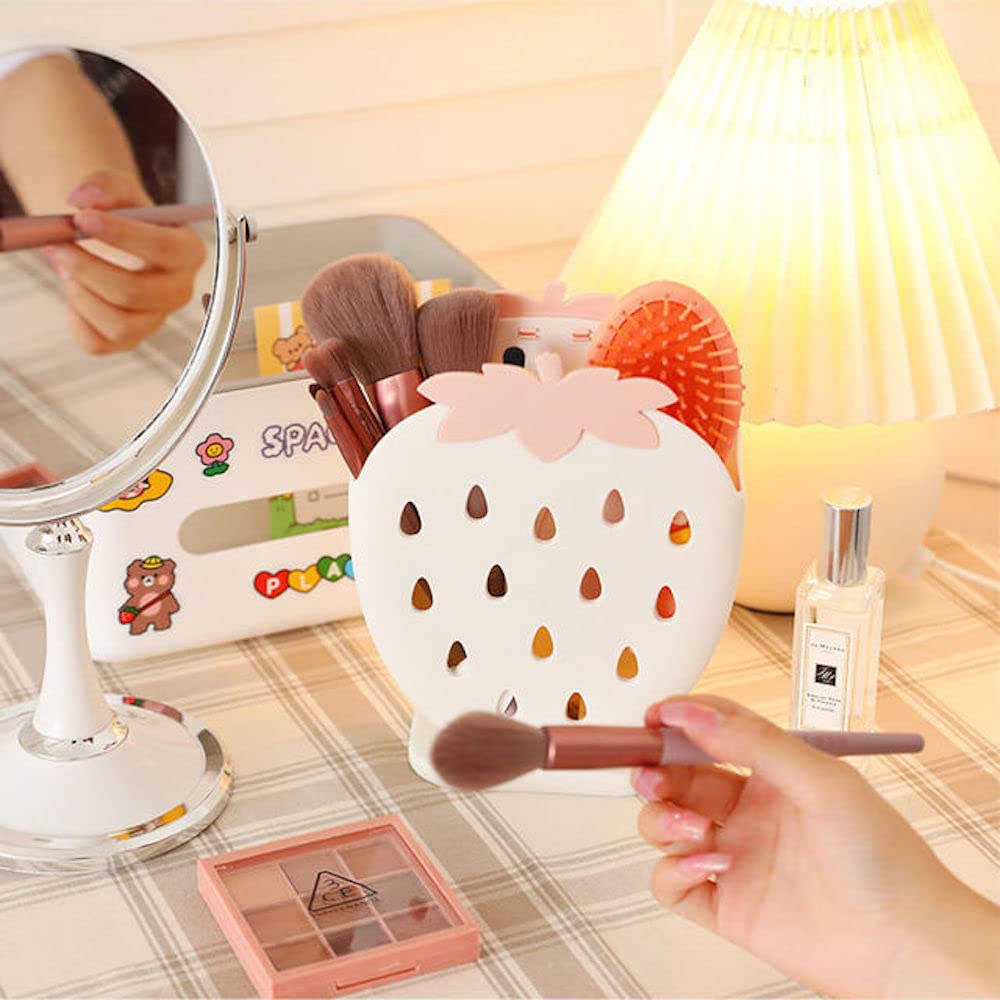 Cute Kawaii Strawberry Desk Organizer with 2 Compartments - Pencil Holder, Makeup Brush Organizer & Pen Storage for School, Office & Home Decor (Sage Green) | Perfect for Teens Room, Study Desk & Vanity Organization