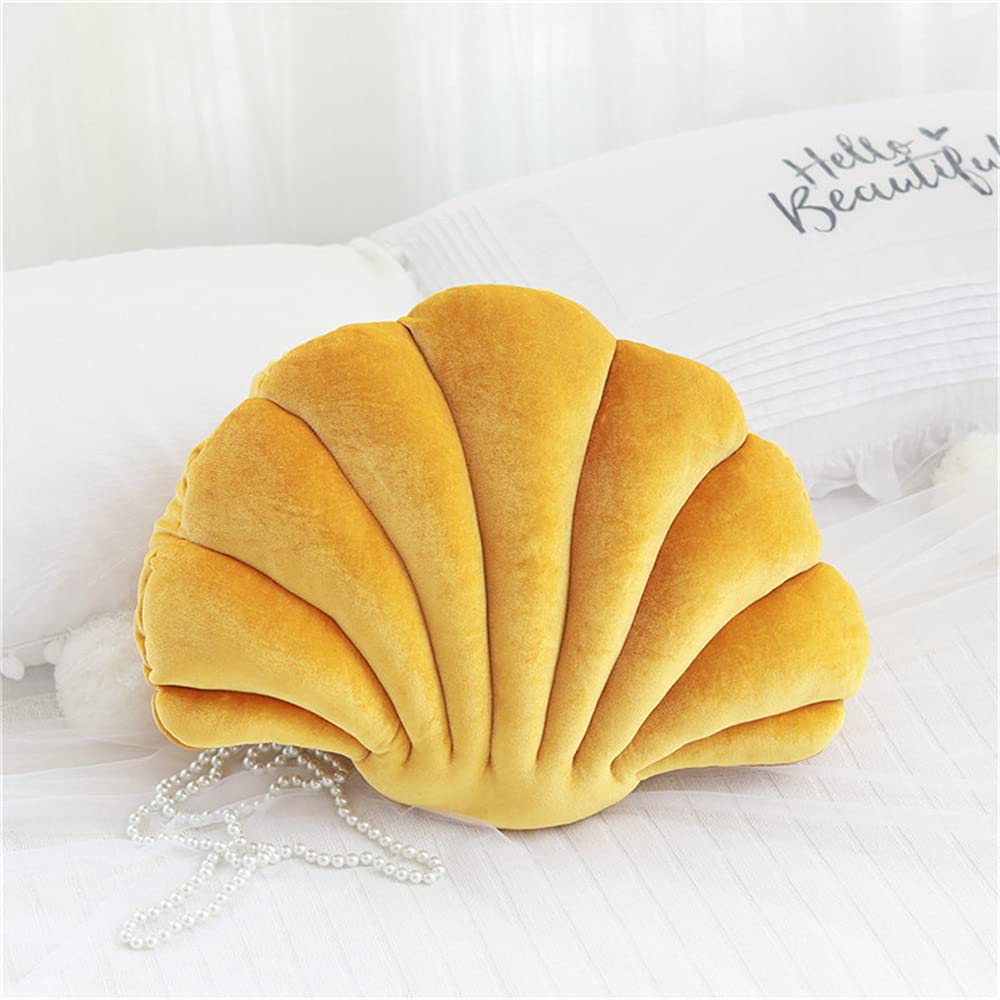 Velvet Seashell Throw Pillow - Yellow Small Decorative Shell Shaped Cushion for Sofa, Bed & Home Decor (12.8x10 inches) | Perfect for Coastal Living Rooms, Beach House Bedrooms & Boho Chic Office Spaces