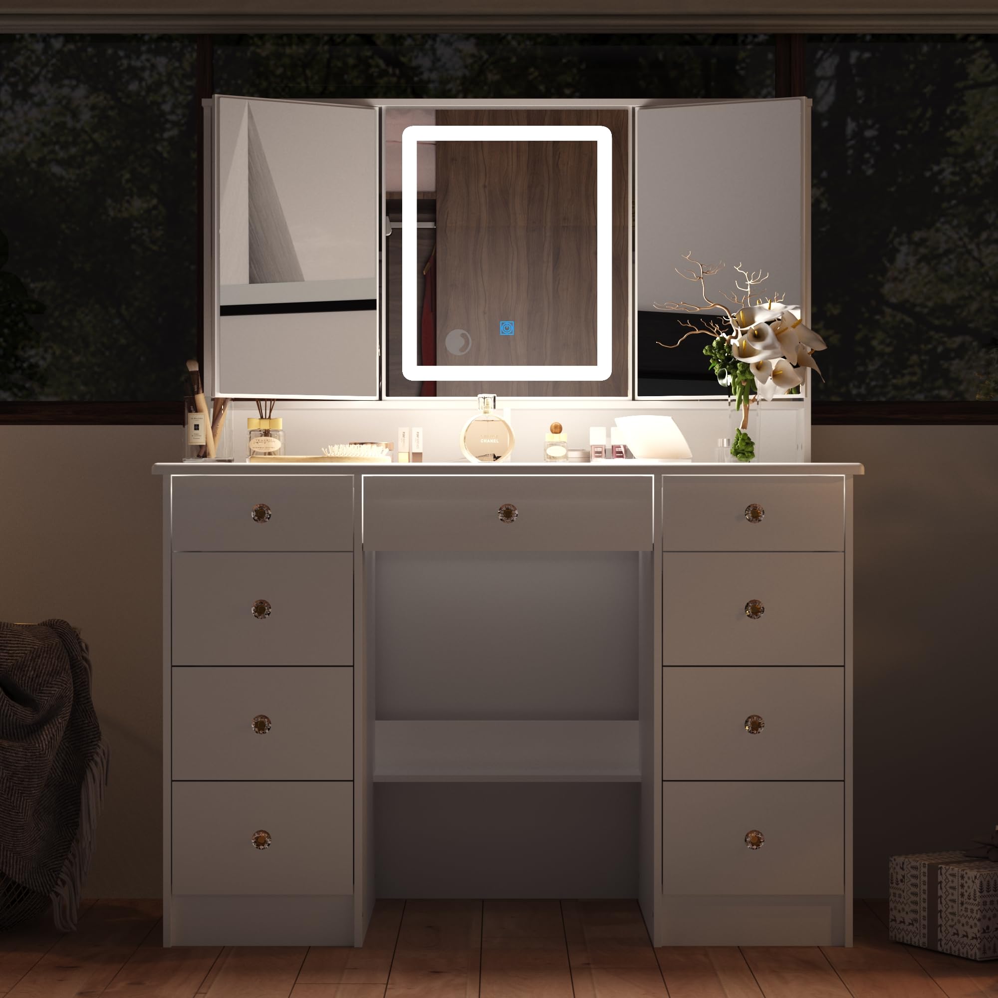 Homsee Modern Vanity Desk with 3 Mirrors & LED Lights - Adjustable Brightness, Glass Top, Hidden Storage & Drawers - White Makeup Dressing Table for Bedroom, Salon, or Beauty Studio