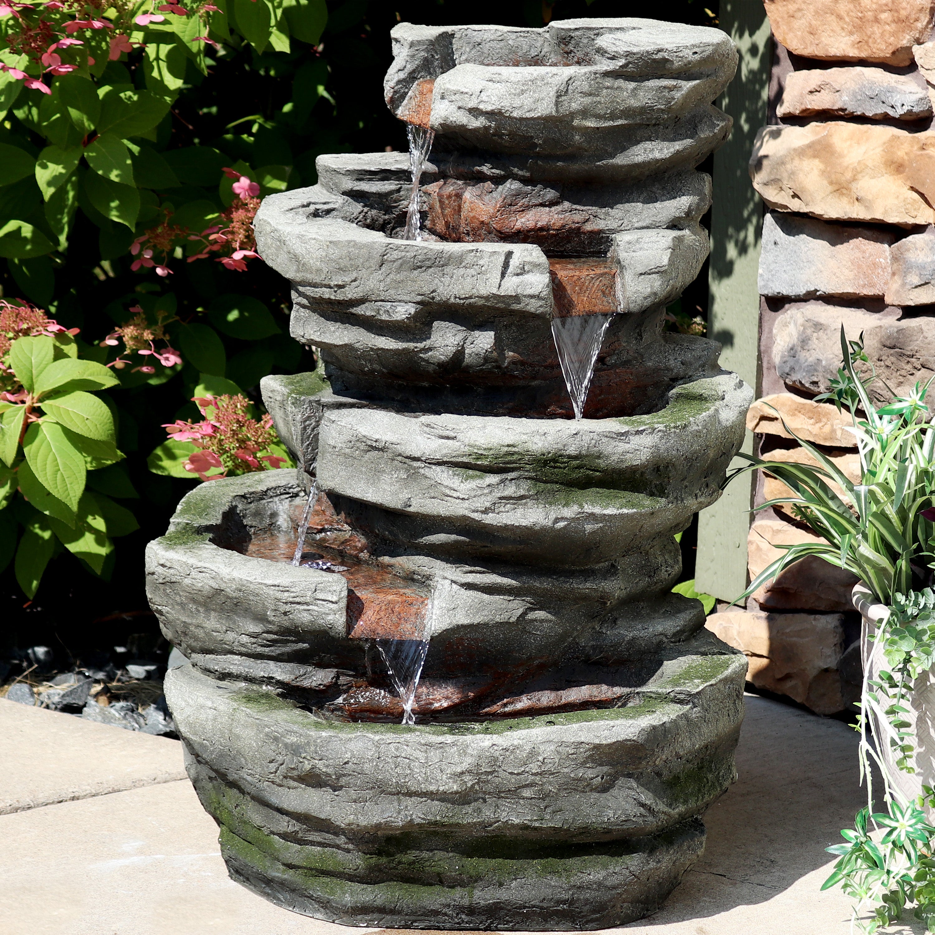 Sunnydaze Cobblestone Rock Waterfall Fountain with LED Lights - 31 Inch Outdoor Garden Water Feature for Patio, Yard, and Landscape Decor