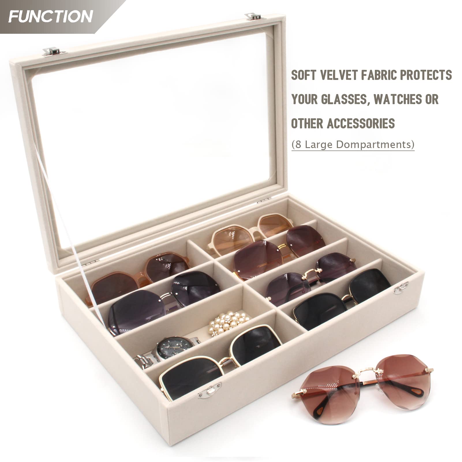 Premium Velvet Sunglasses Organizer - 8 Slot Eyewear Storage Box & Display Case for Sunglasses, Glasses, Reading Glasses | Perfect for Home, Office, Travel & Retail Store Display