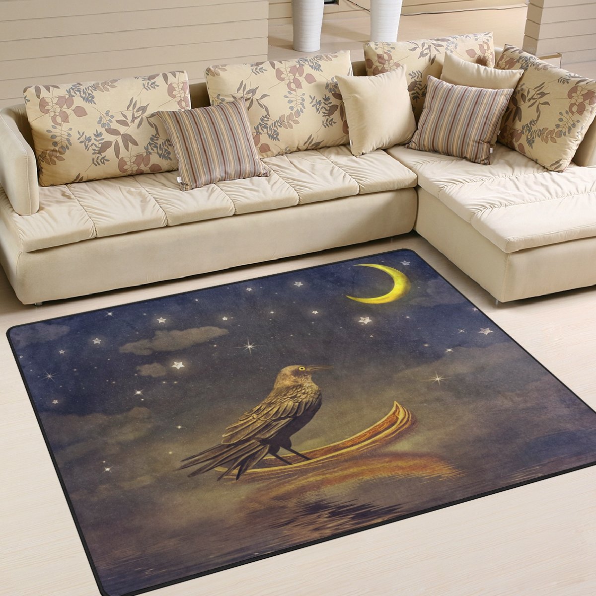 ALAZA Magical Night Black Raven in Boat Moon Star Area Rug - 7' x 5' Non-Slip Living Room Bedroom Rug - Gothic Decor for Halloween, Witchy Aesthetic & Dark Academia Style