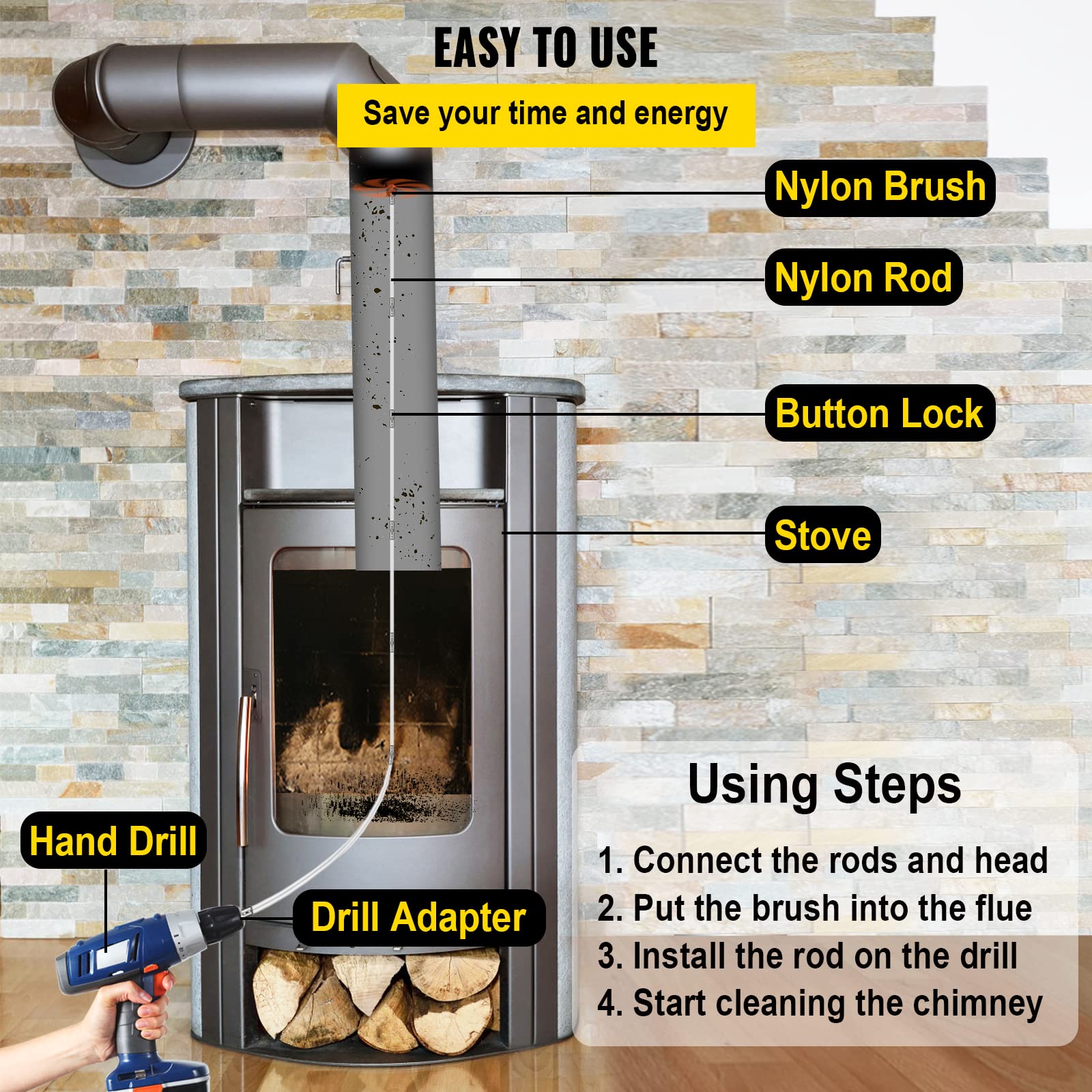 VEVOR 33FT Chimney Sweep Kit with 10 Nylon Flexible Rods & 2 Brush Heads - Drill-Powered Rotary Cleaning System for Fireplace, Wood Stove, and Chimney Maintenance - Perfect for Homeowners and Professional Use