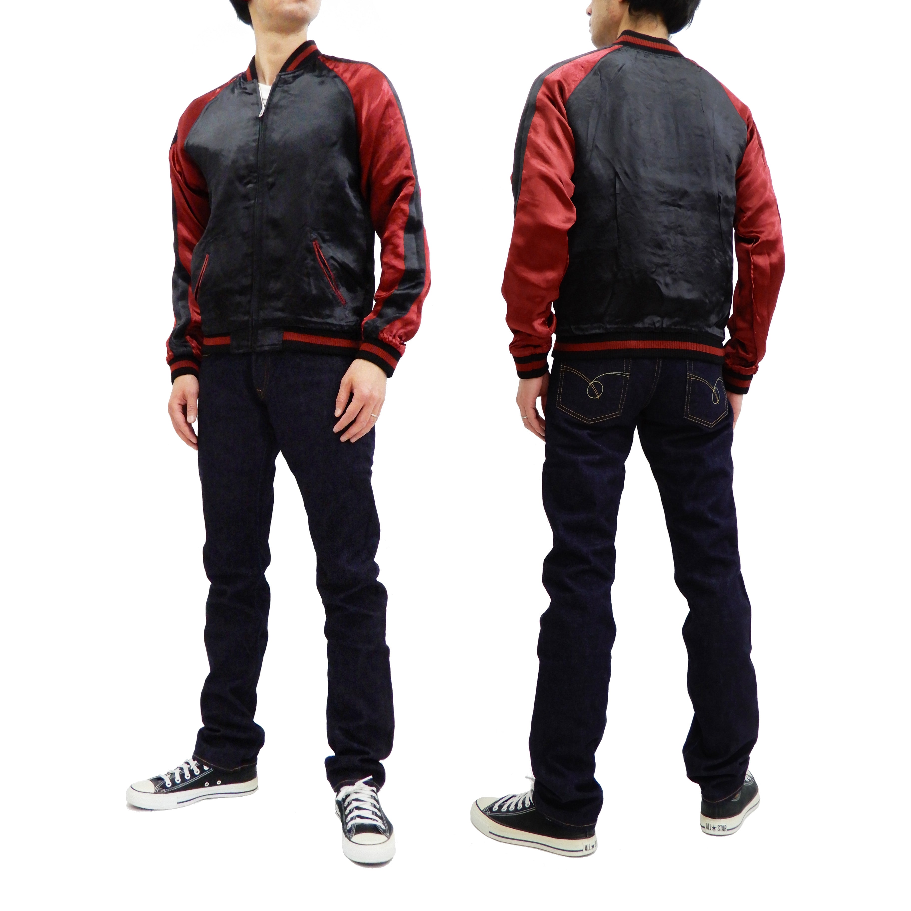 Satori Script Men's Japanese Souvenir Jacket - Dragon Embroidered Sukajan Bomber Jacket GSJR 022 Black/Wine - Perfect for Streetwear Fashion & Vintage Style Outfits