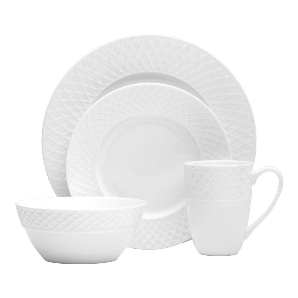 16-Piece White Trellis Dinnerware Set - Porcelain Plates, Bowls & Mugs for Everyday Dining, Entertaining & Special Occasions