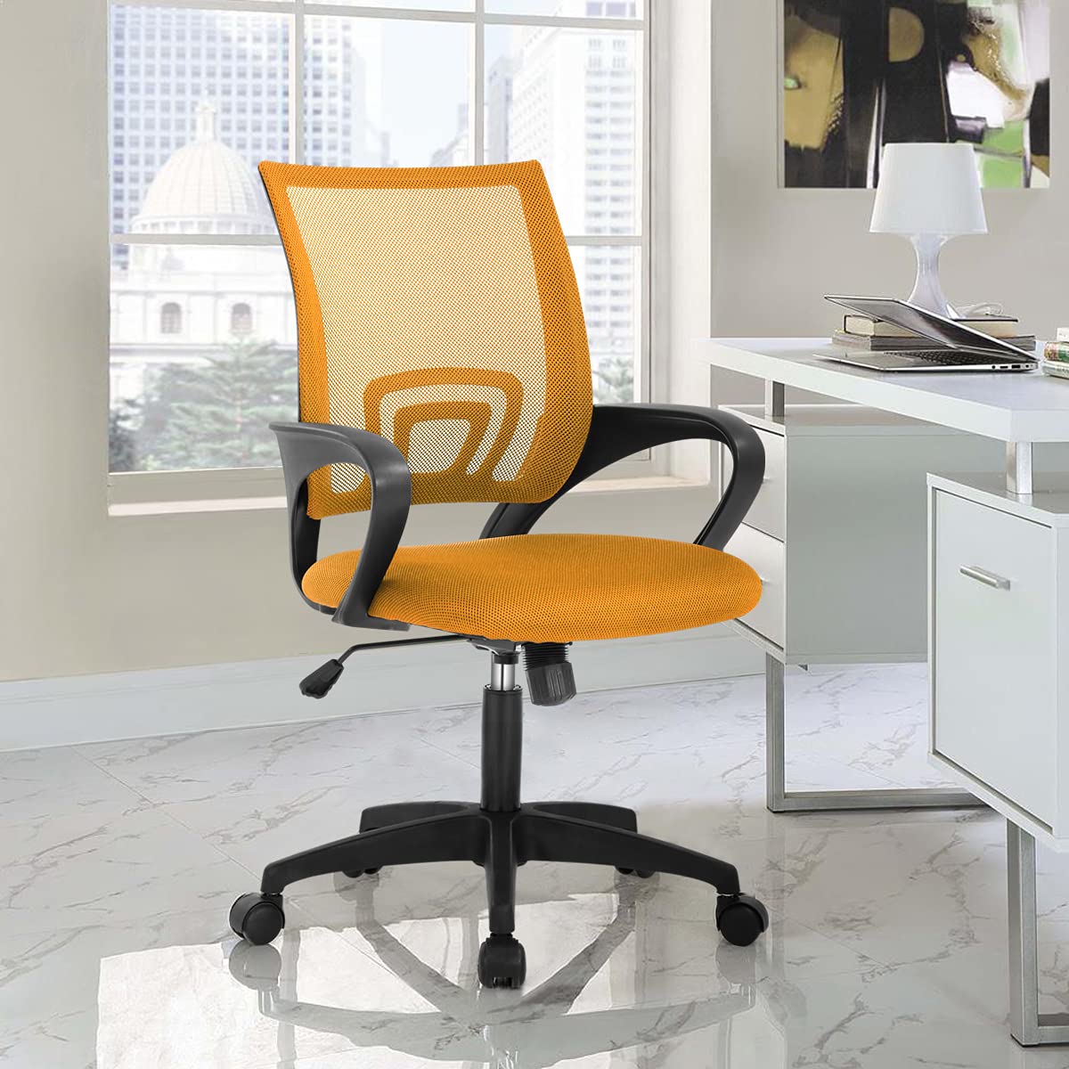 Ergonomic Mesh Office Chair with Lumbar Support - Adjustable Height Swivel Rolling Task Chair for Home Office - Mid Back Executive Computer Desk Chair - Comfortable for Long Work Hours (Orange) - Perfect for Home Office, Gaming Setup, and Remote Workspaces