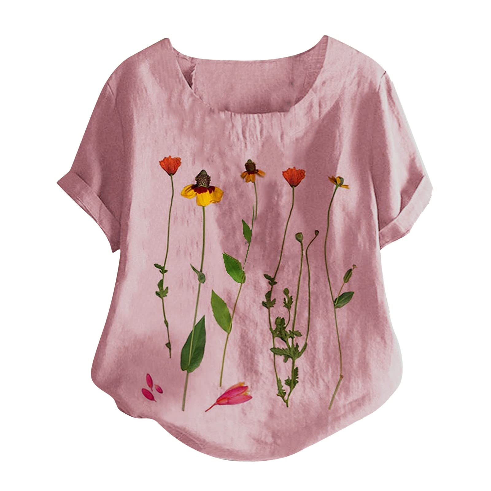 Women's Floral Graphic Tees - Short Sleeve Cotton Linen Shirt, Casual Boatneck Summer Tops for Everyday Wear, Beach Outings & Weekend Outfits