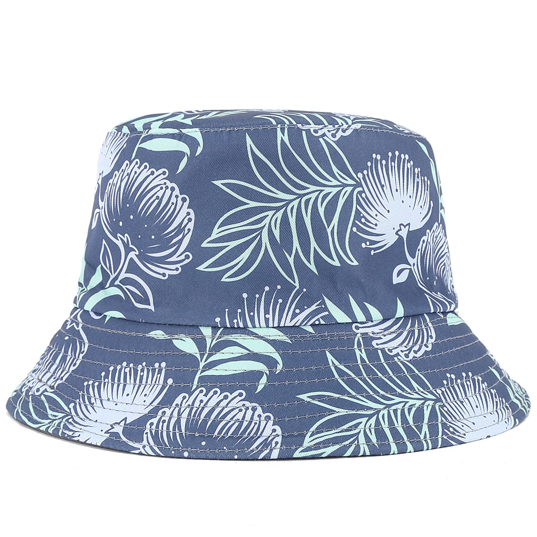 Stylish Grey Bucket Hat with Lehua Print - Trendy Sun Protection for Outdoor Activities, Beach, and Travel