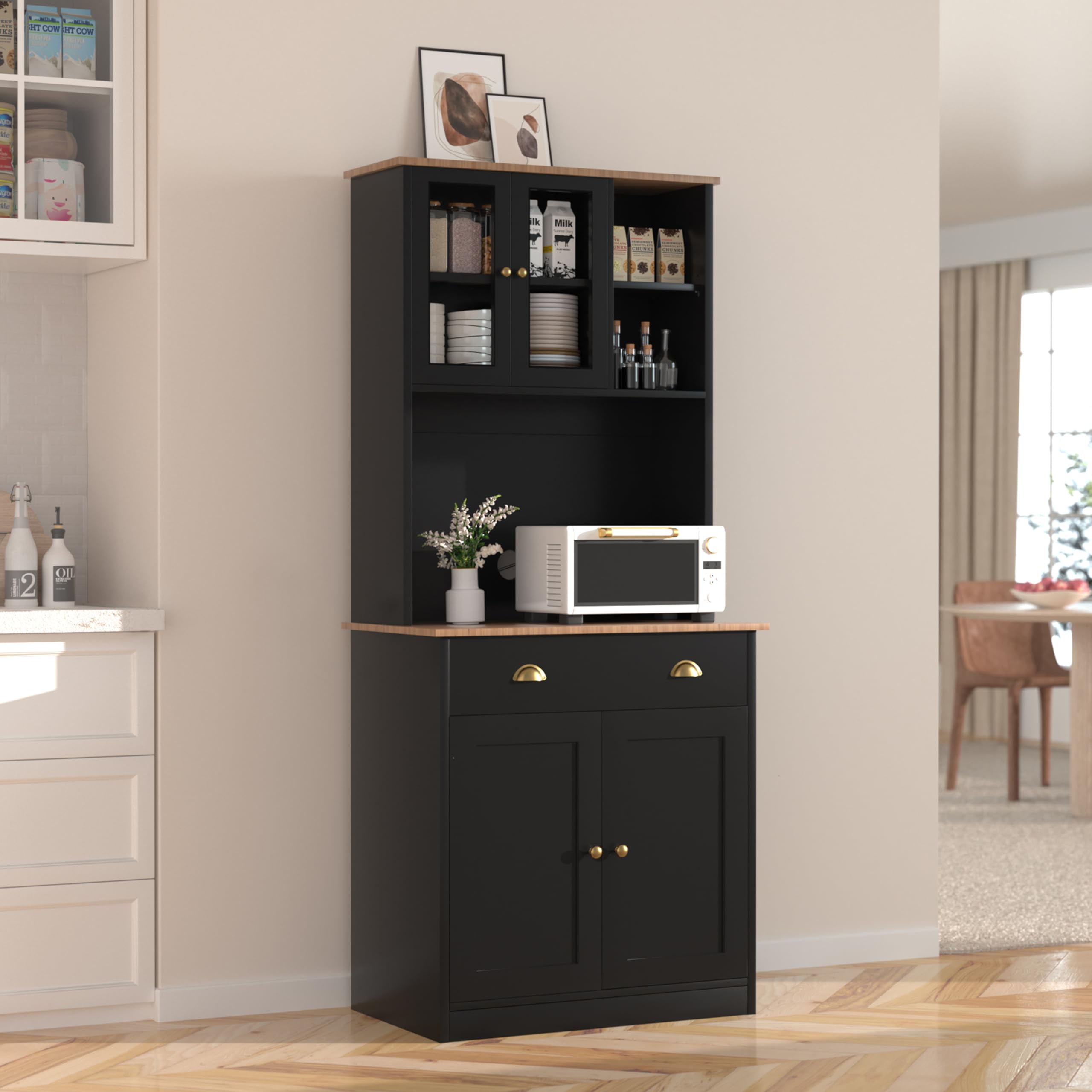 VEIKOU 72 Inch Kitchen Pantry Storage Cabinet with Buffet Hutch - Freestanding Organizer with Glass Doors & Adjustable Shelves - Black Modern Kitchen Cabinet with Upgraded Metal Hinges - Perfect for Dining Room, Kitchen Storage, and Home Organization