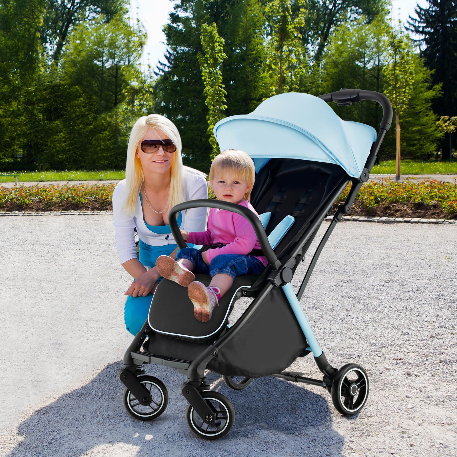 HONEY JOY Lightweight Baby Stroller - Compact Travel Stroller for Airplane, Fits in Cabin & Overhead Bin | One-Hand Gravity Fold, Self-Standing Toddler Stroller with Adjustable Backrest & Canopy (Blue) | Perfect for Air Travel, Shopping, and Daily Walks