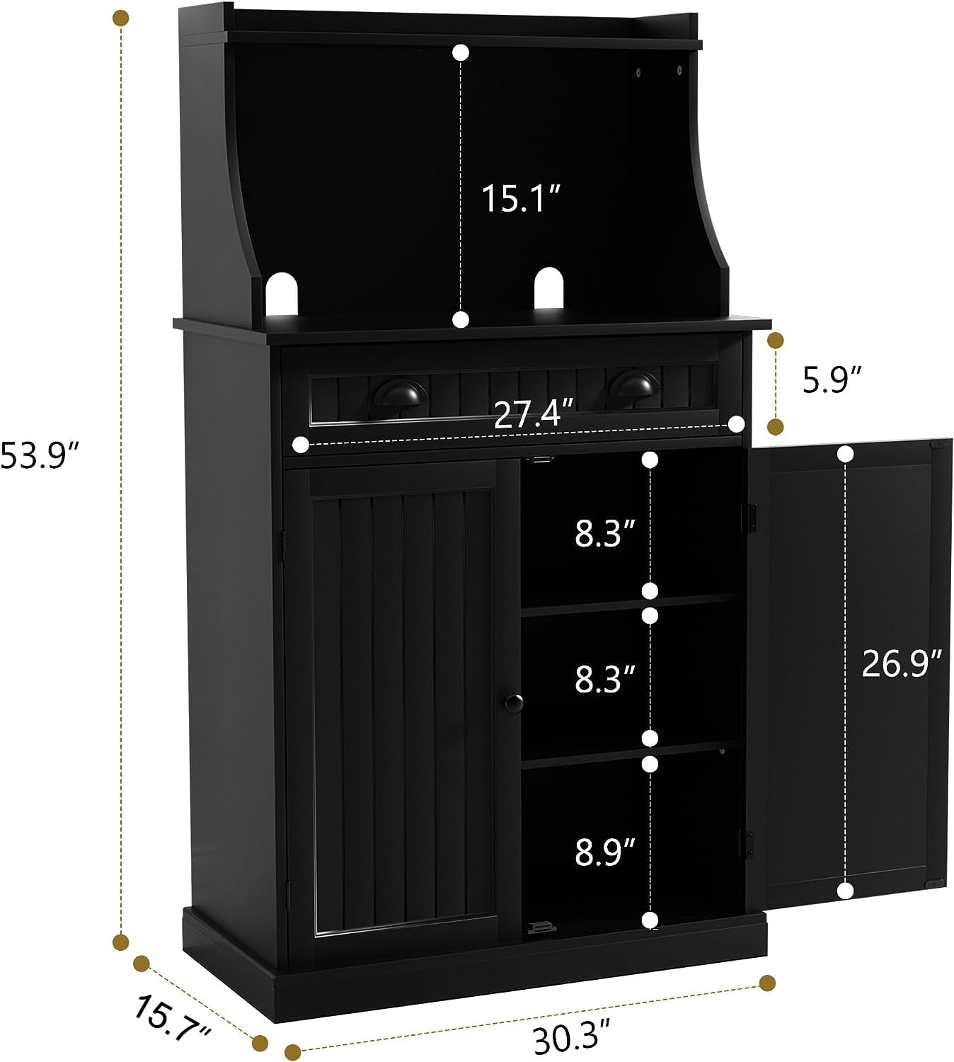 ARTPOWER 54 Inch Kitchen Microwave Stand with Storage Drawers & Adjustable Shelves, Pantry Cabinet with Hutch for Kitchen, Dining Room, Living Room - Perfect for Small Space Organization & Home Decor (Black)