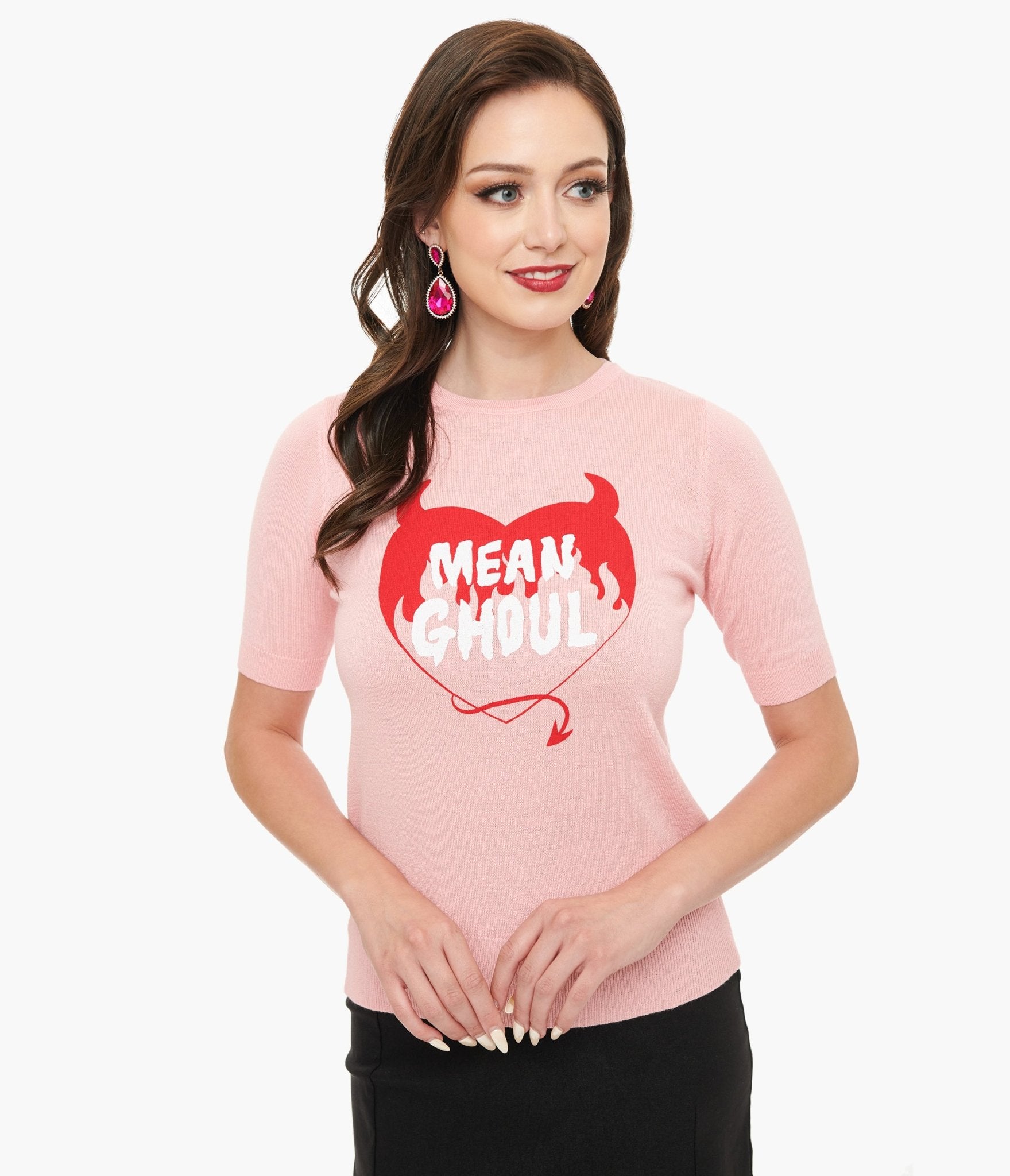 Pink Mean Ghoul Short Sleeve Sweater | Kawaii Halloween Sweater for Women | Cute Spooky Outfit for Costume Parties & Fall Fashion