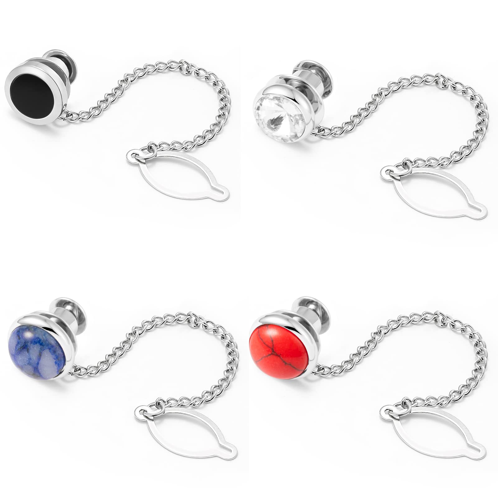 Silver Tie Pins for Men with Chain - Wedding & Business Gift for Formal Occasions