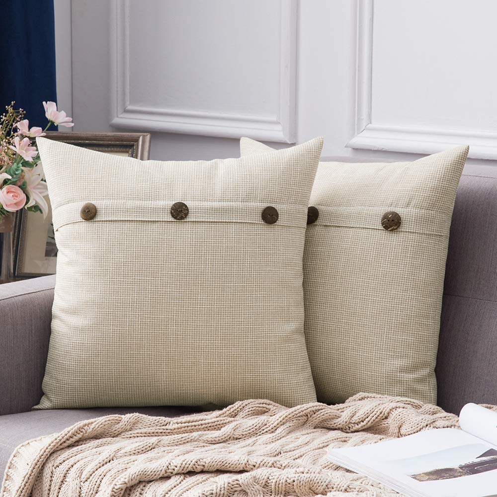 MIULEE Set of 2 Vintage Farmhouse Linen Throw Pillow Covers - 26x26 Inch Beige Decorative Cushion Cases with Triple Button Closure for Couch, Sofa & Bed - Perfect for Living Room, Bedroom & Home Decor