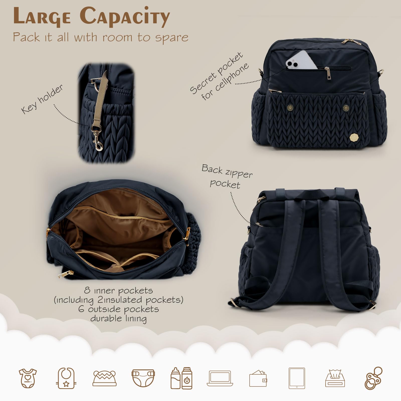 **SEWBOO Large Waterproof Diaper Backpack - Convertible Travel Baby Bag for Moms & Girls, Spacious & Stylish for Daycare, Travel, and On-the-Go Parenting**