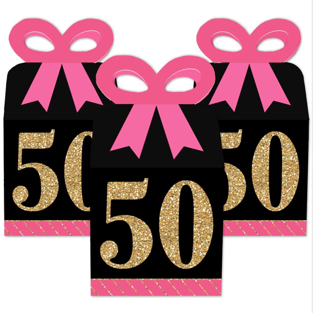 Chic 50th Birthday Gift Boxes - Pink, Black & Gold - Set of 12 for Party Favors