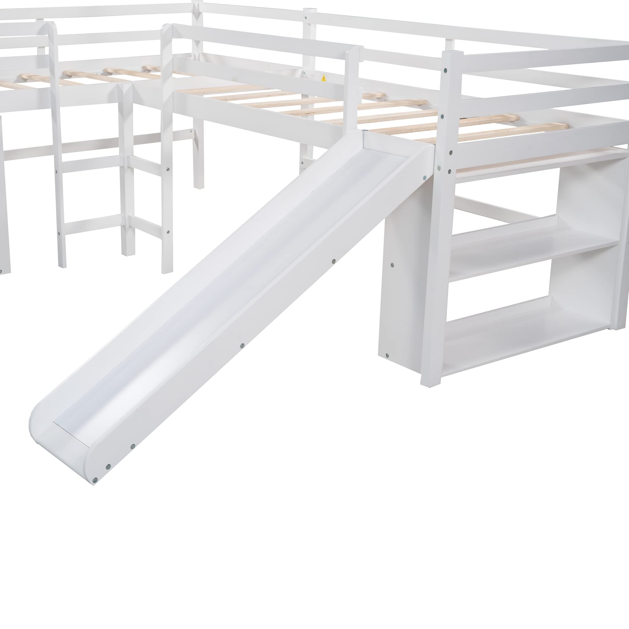 Twin Size L-Shaped Loft Bed with Slide & Movable Two-Tier Shelves - Space-Saving Kids Furniture for Small Bedrooms (White) | Perfect for Dorm Rooms, Playrooms & Tiny Homes