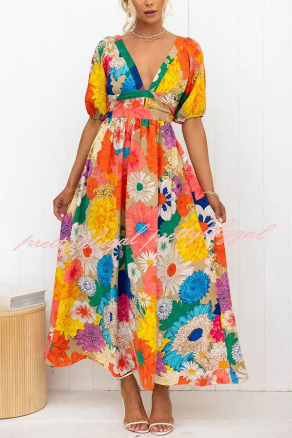 Floral Print Puff Sleeve Smocked Back Maxi Dress - Perfect for Summer Weddings, Beach Vacations & Boho Fashion