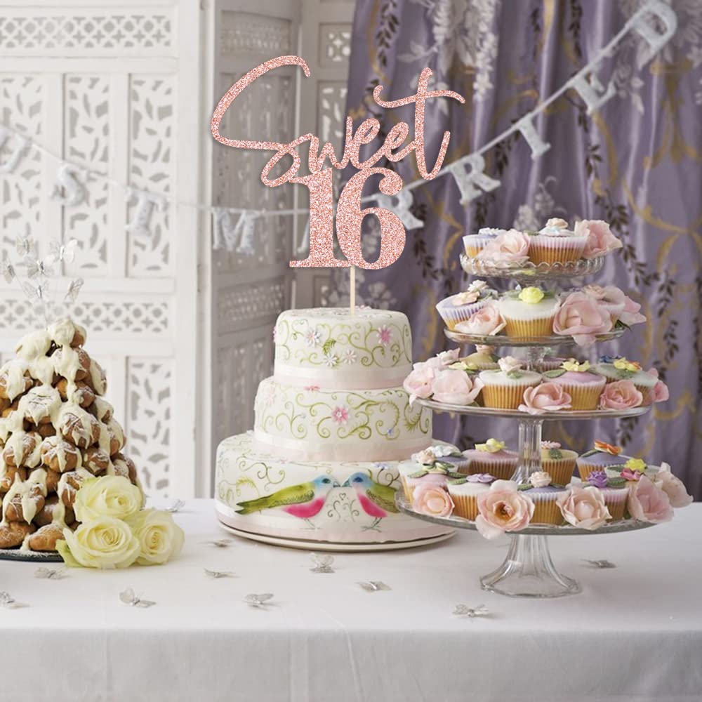 Glitter Rose Gold Sweet 16 Cake Topper - Elegant 16th Birthday Cake Decorations for Sweet Sixteen Parties, Quinceañeras & Milestone Celebrations