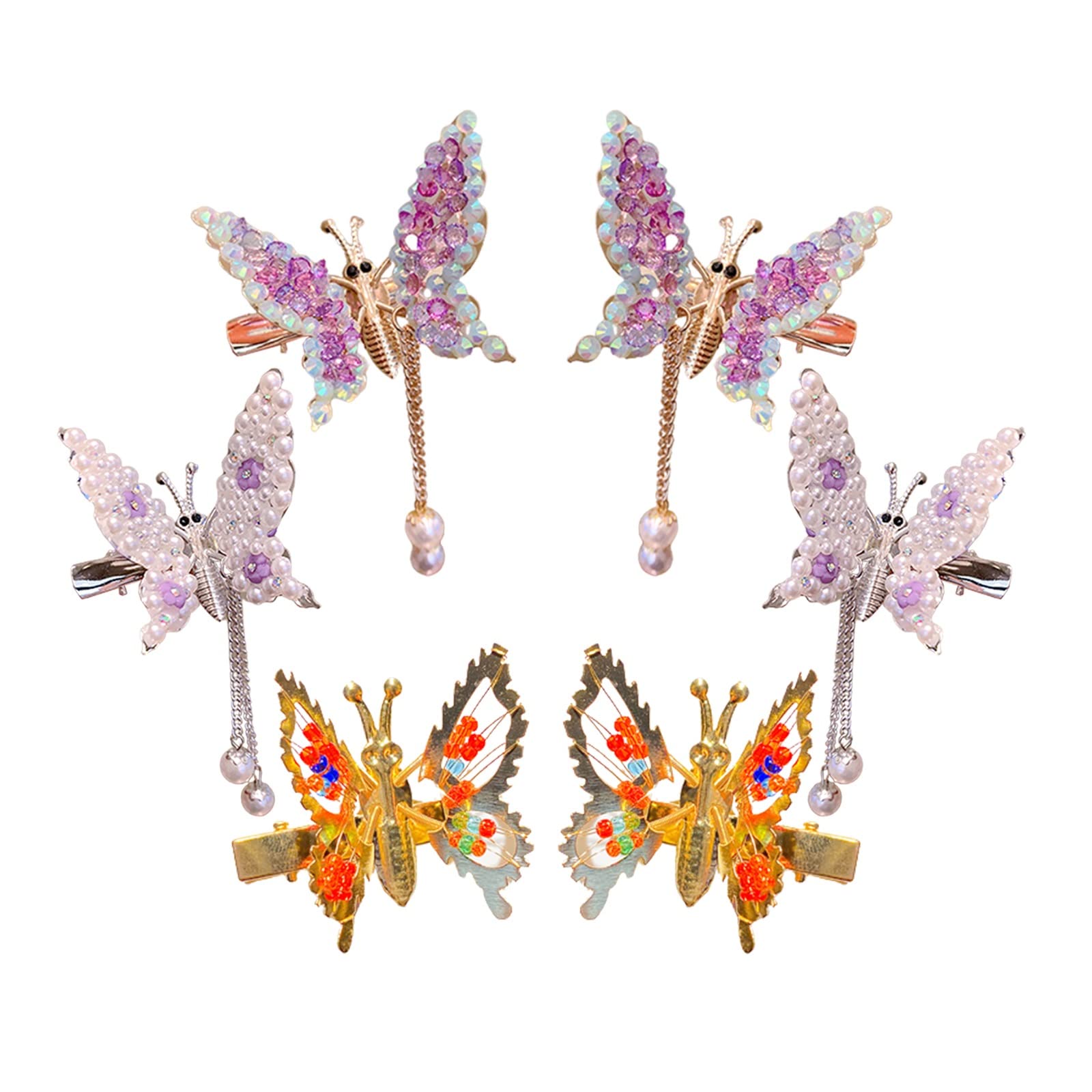 Elegant 6 Pcs Moving Butterfly Hair Clips with Metal Tassel - Vintage Long Hair Barrettes for Women & Girls - Shiny Side Hair Accessories for Parties, Weddings & Daily Styling