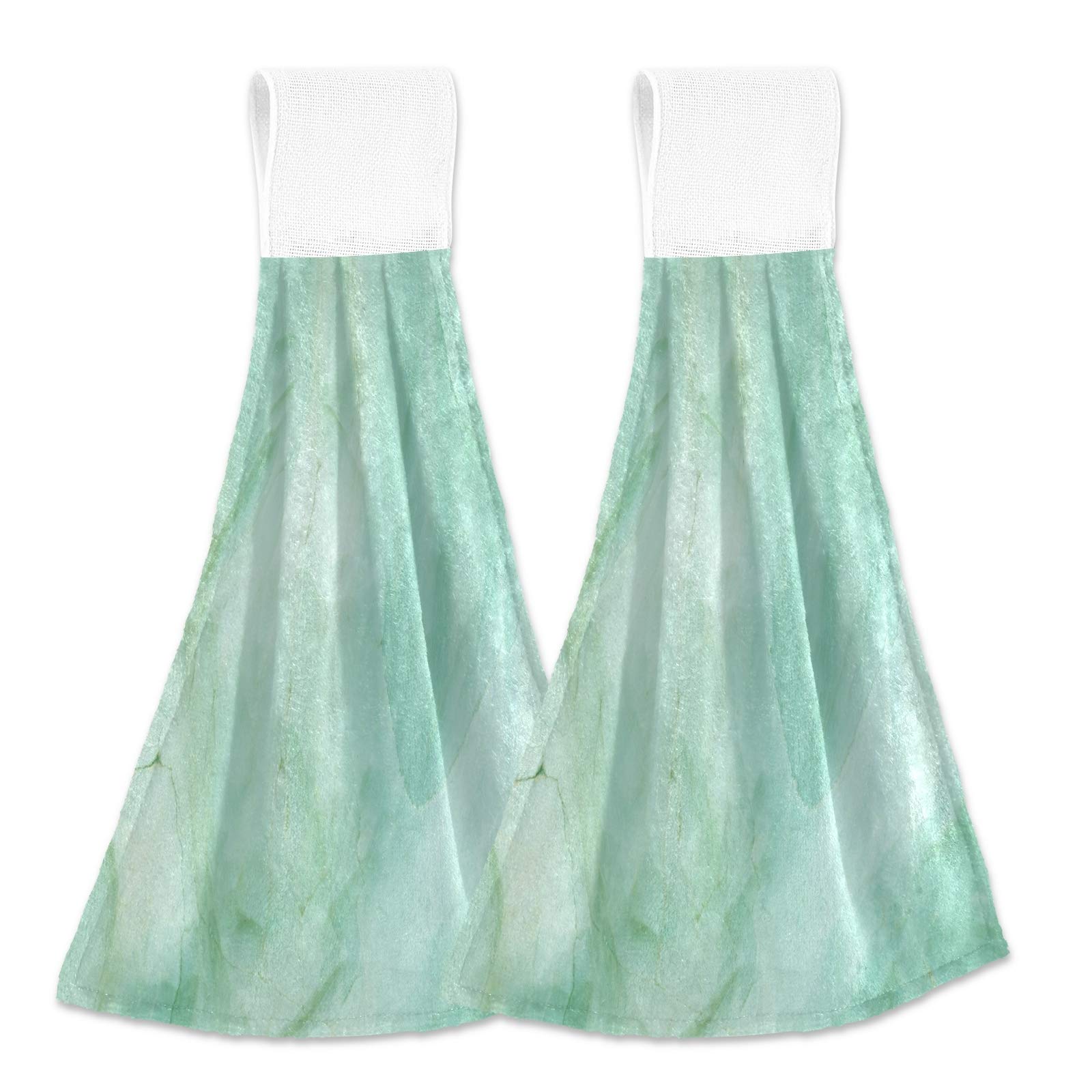 Premium Green Marble Teal Art Kitchen Hand Towels - Super Absorbent Hanging Dish Towels with Loop for Bathroom, Kitchen & Home Decor - Set of 2