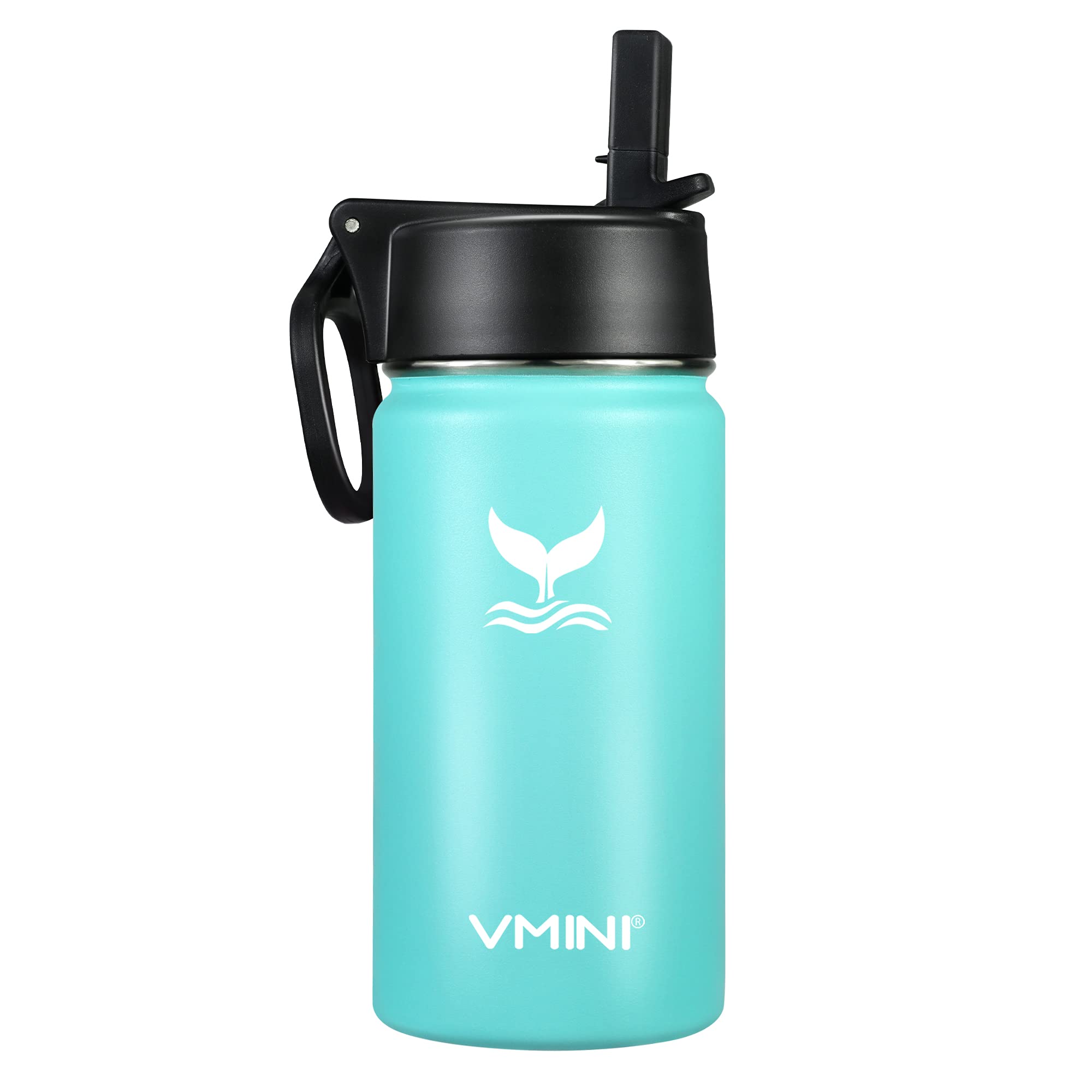 Vmini Kids Water Bottle with Straw - 12 oz Vacuum Insulated Stainless Steel Water Bottle with Wide Mouth & Rotating Handle Lid, Gradient Mint - Perfect for School, Sports & Outdoor Activities