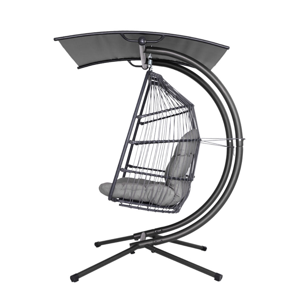 Grey Double Wicker Hanging Swing Chair with Stand - Outdoor Patio, Garden, Balcony Relaxation Chair for Backyard & Porch