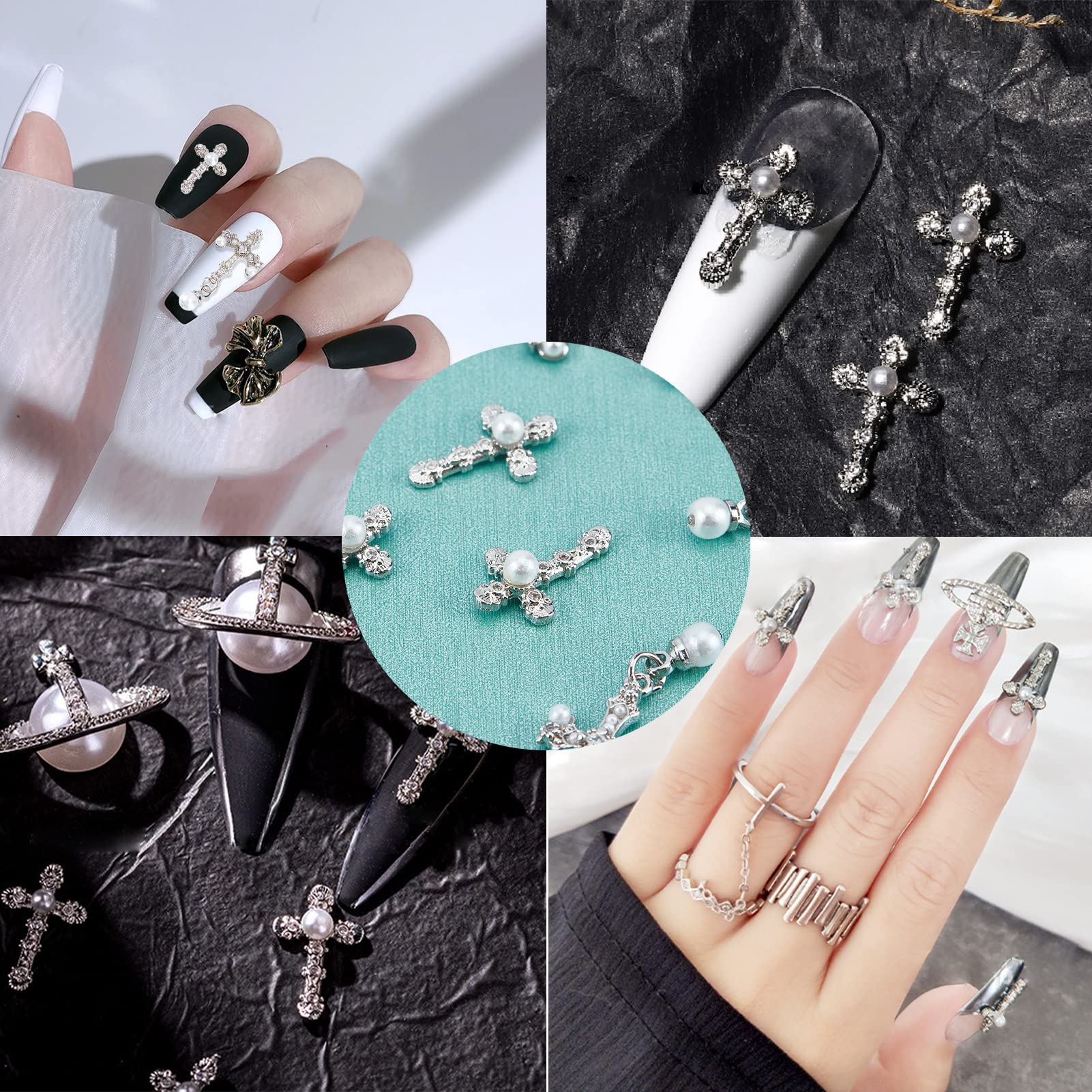 12Pcs 3D Cross Nail Art Charms Kit with Pearls - Mixed Size Antique Style Nail Rhinestones for Women & Girls (Silver) | Perfect for Nail Decorations, DIY Nail Art Designs, and Special Occasion Manicures