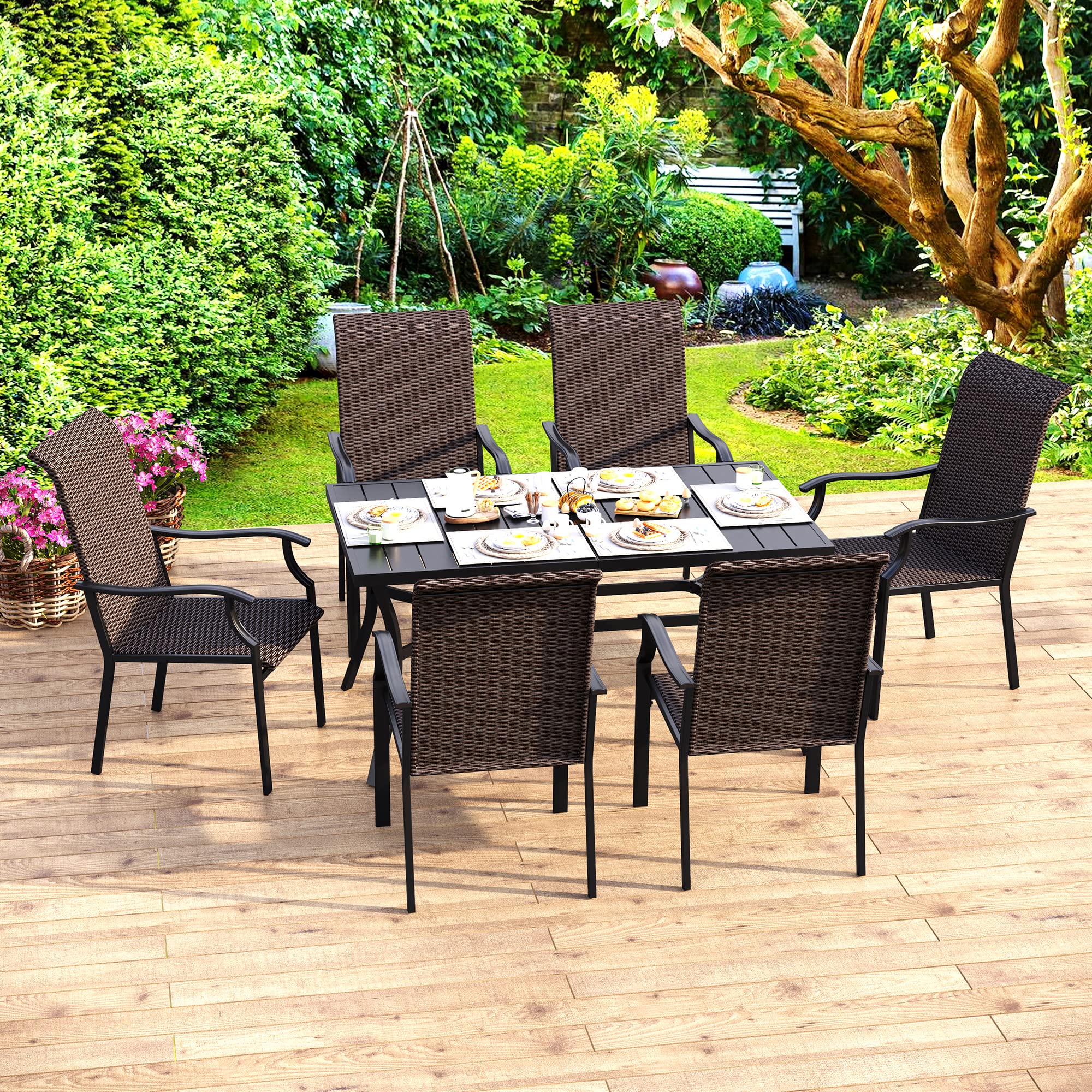 6-Piece Outdoor Patio Dining Set with Umbrella Hole - Rattan Chairs & Table for Garden, Lawn, Courtyard - Perfect for Backyard BBQs, Poolside Gatherings & Al Fresco Dining