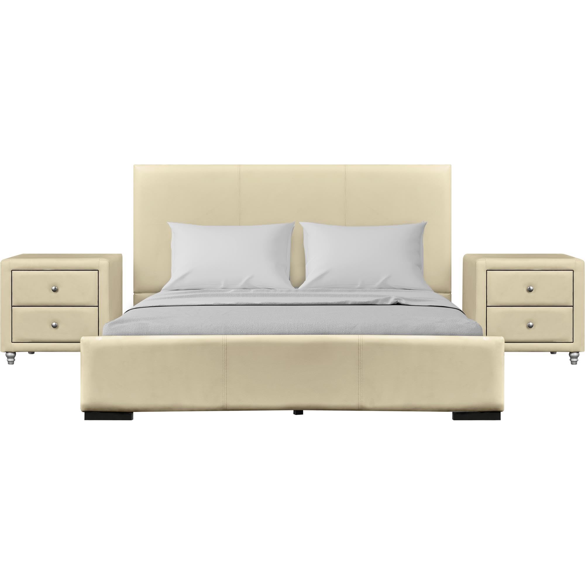 Camden Isle Hindes Upholstered Platform Queen Bed with 2 Nightstands - Beige Fabric Bed Frame for Master Bedroom & Guest Room, Modern Upholstered Bed with Storage Space