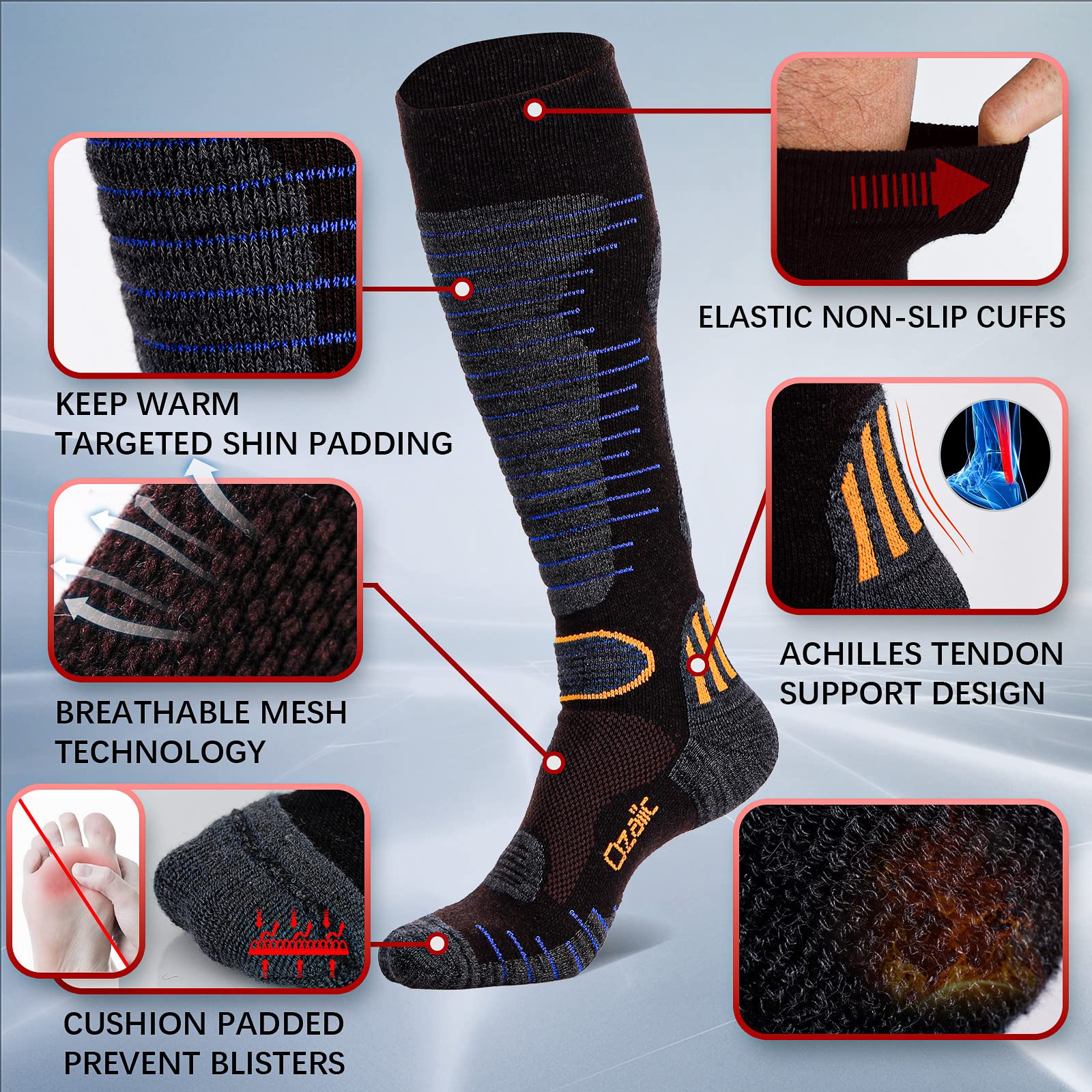 Merino Wool Ski Socks for Men & Women - 2 Pairs, Warm Thermal Performance for Skiing & Snowboarding