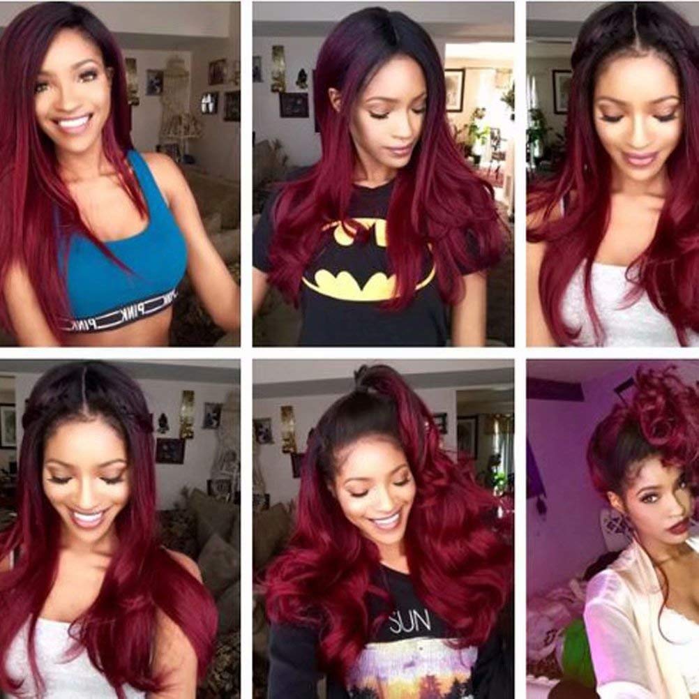 8A Grade Ombre Brazilian Human Hair Straight Extensions - Dark Root to Burgundy Ombre 3 Bundles (14 16 18 Inch) | Premium Red Straight Hair Weft for Styling & Volume | Perfect for Daily Wear, Parties & Special Occasions