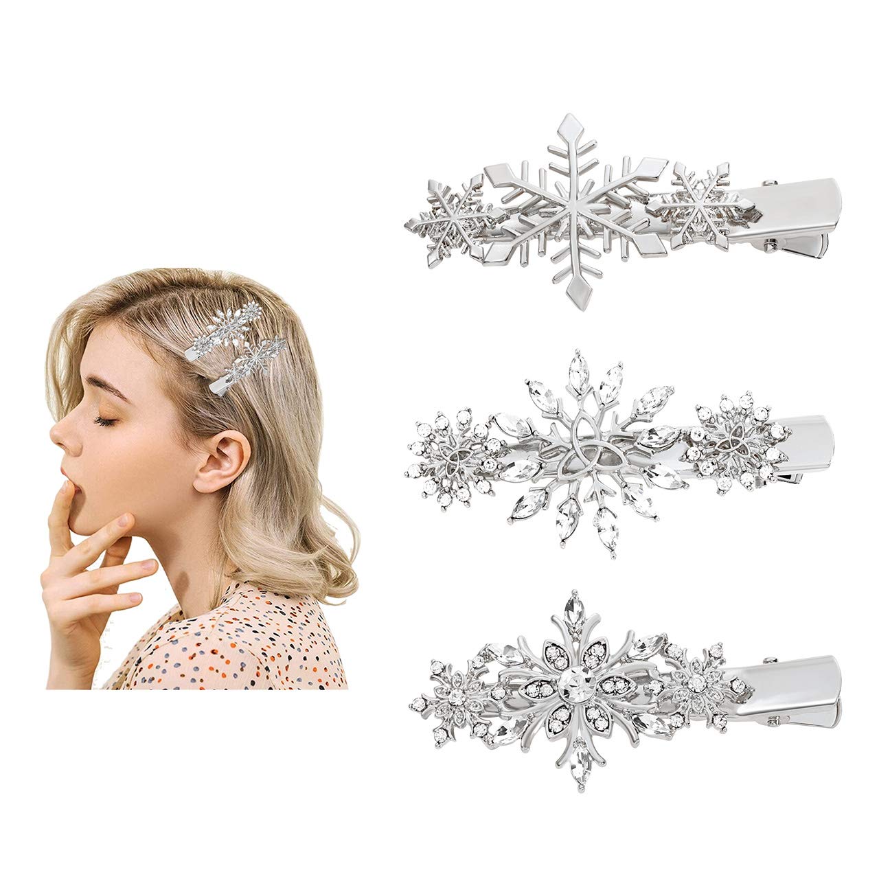 Christmas Snowflake Hair Clips - Rhinestone Crystal Hair Barrettes for Women & Girls (3pcs) | Winter Glitter Hair Accessories for Holiday Parties, Xmas Gifts & Frozen Themed Events