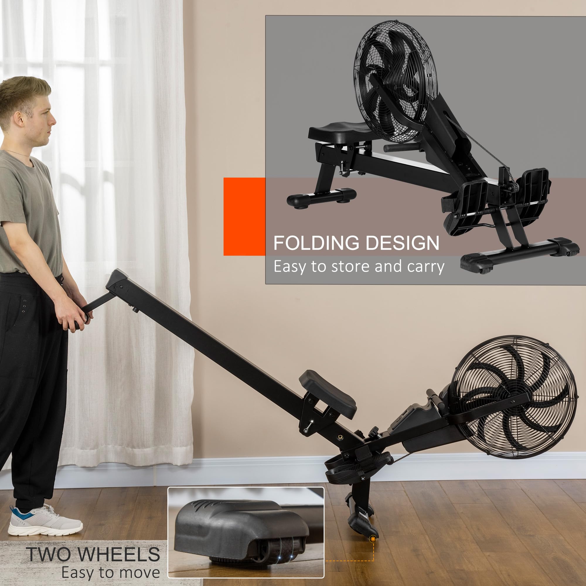 Soozier Foldable Air Rowing Machine with LCD Digital Monitor & Durable Steel Frame - Home Gym Equipment for Cardio Workouts, Full Body Exercise, and Indoor Fitness Training