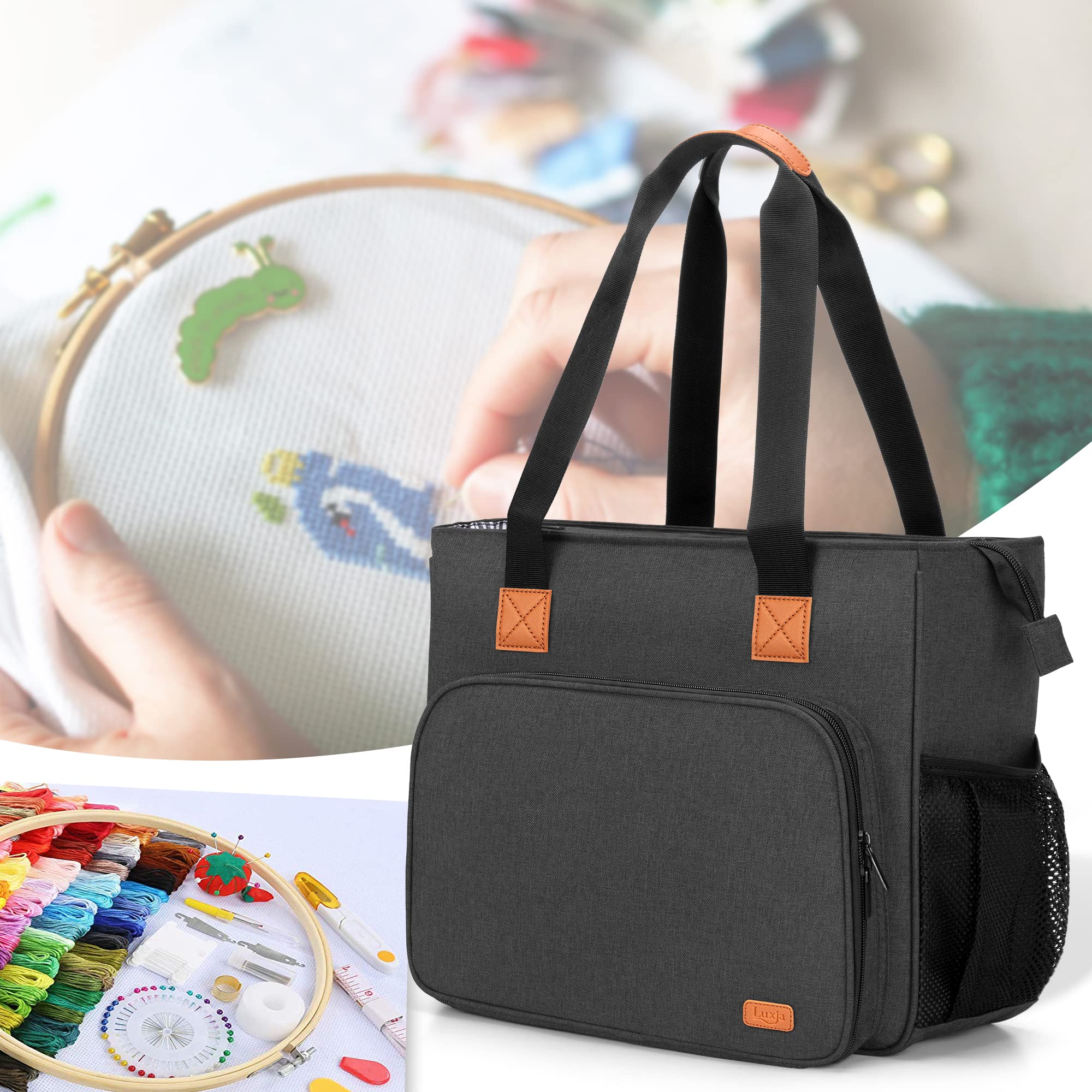 LUXJA Embroidery Project Carrying Bag - Portable Storage Organizer for Embroidery Kits & Supplies (Bag Only) - Black - Perfect for Needlework, Cross Stitch & Crafting On-The-Go