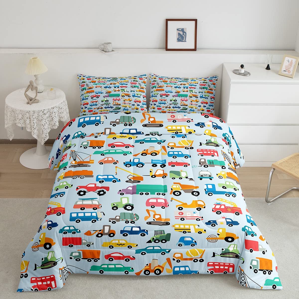 Kids Construction Comforter Set - Cartoon Car, Truck & Tractor Bedding for Boys & Girls | 3-Piece Full Size Set (1 Comforter + 2 Pillowcases) | Perfect for Toddler Rooms, Daycare & Themed Bedrooms