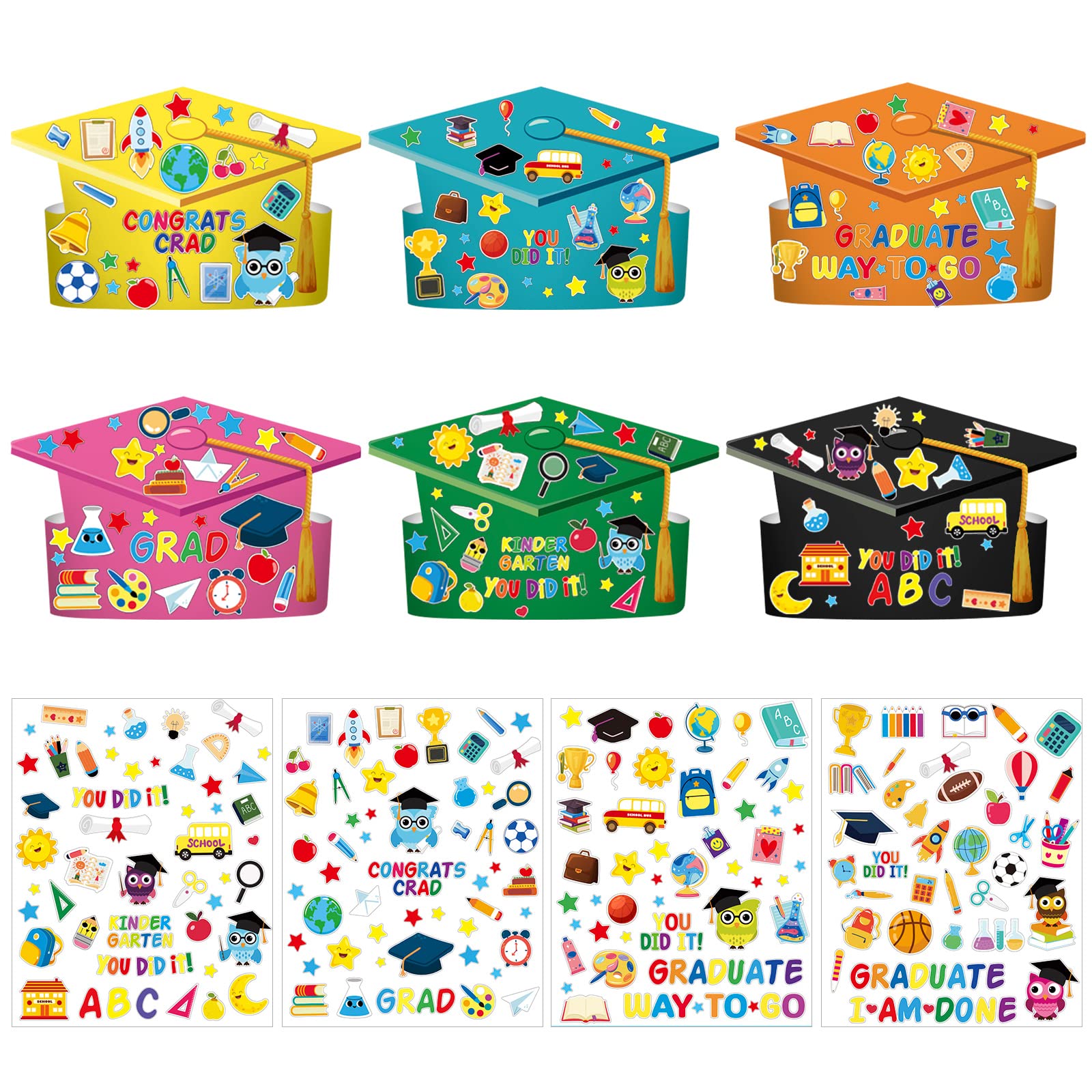 36-Piece Graduation Paper Cap Craft Kit for Kids - Preschool Graduation Hats & Crowns with 200 Stickers | DIY Party Decorations, School Celebrations & Kindergarten Graduation Ceremonies