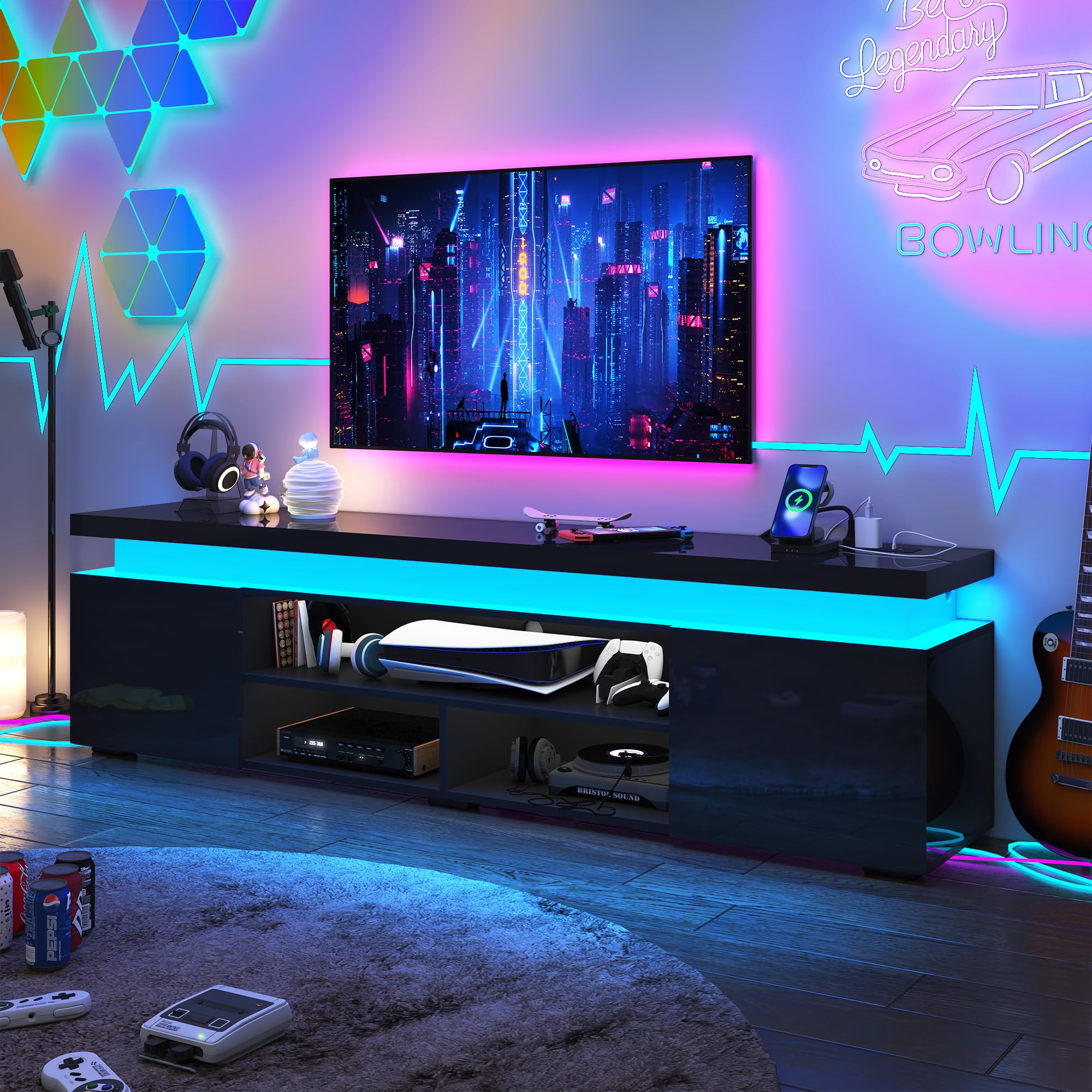 85 Inch LED TV Stand with Power Outlet - Modern High Gloss Entertainment Center with Storage & LED Lights - TV Console for Living Room & Bedroom (74 Inch, Black) UDKSE1883 - Perfect for Home Theater Setup & Stylish Room Decor