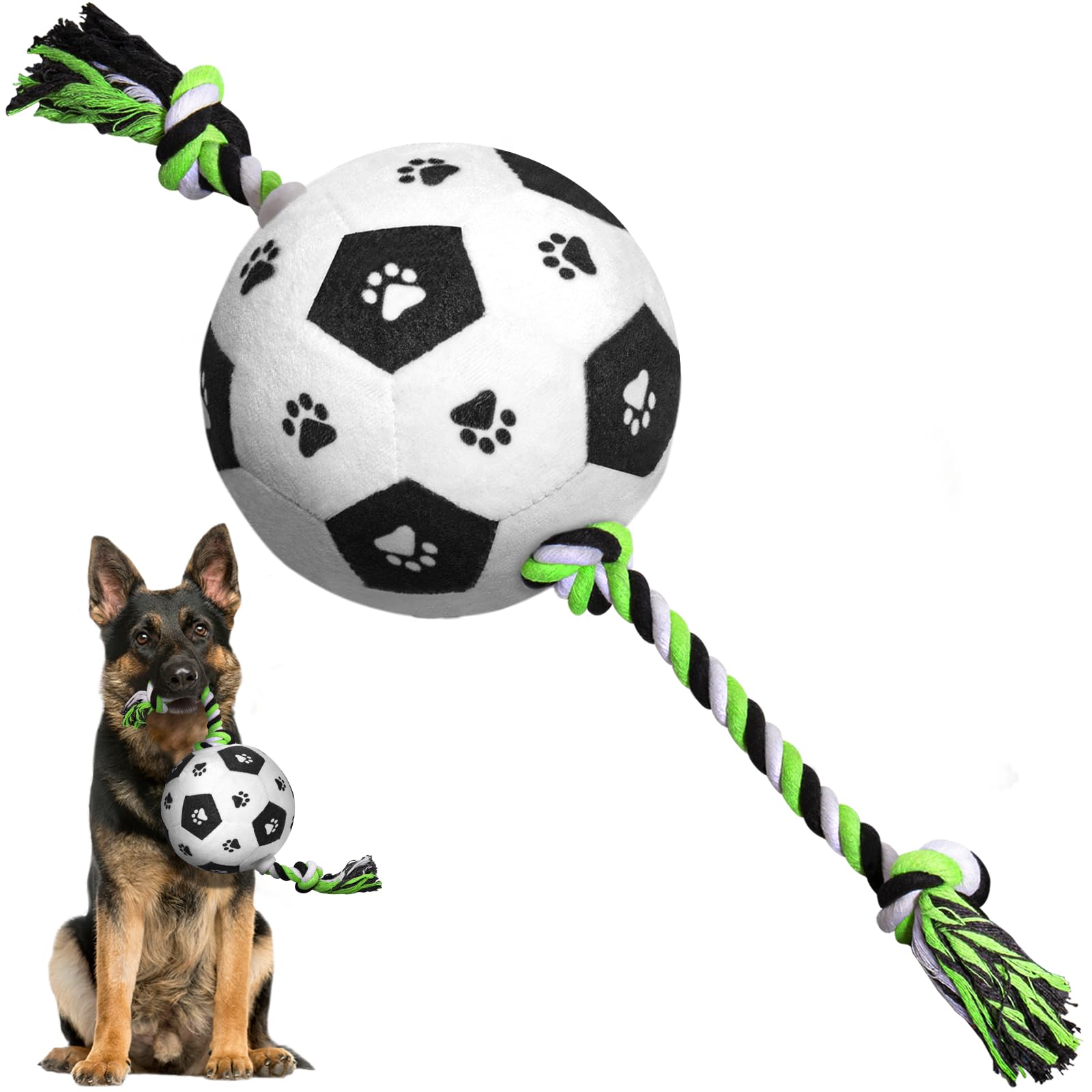 QDAN Durable Dog Rope Toy - Interactive Tug of War Soccer Ball with Handle Strap - Plush Chew Toy for Small & Medium Dogs - Perfect for Outdoor Play, Training & Birthday Gifts (Black, Medium Size)