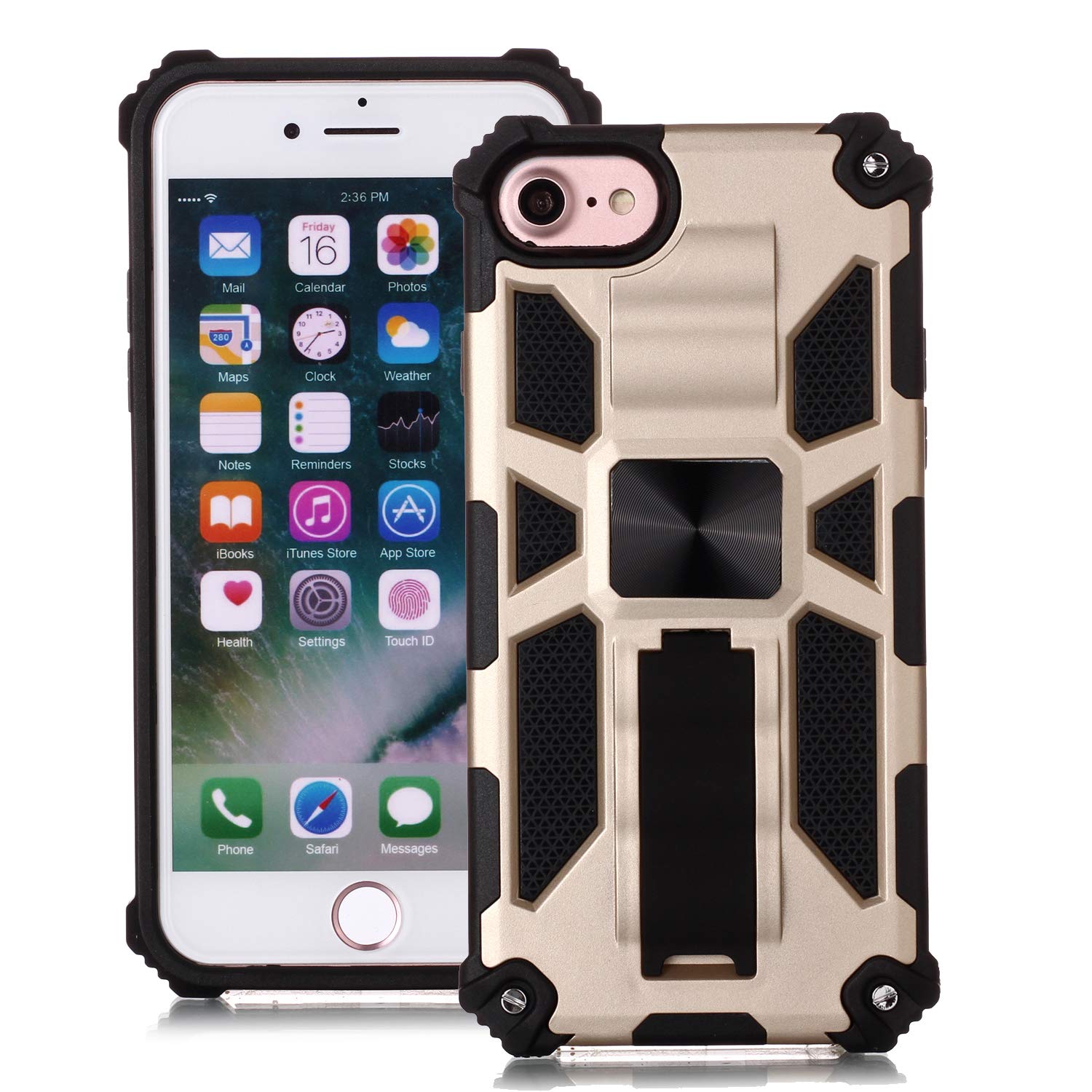 Premium Shockproof iPhone 7/8 Case with Military-Grade Protection - Heavy Duty Dual Layer Armor Defender Cover with Built-in Kickstand & Wireless Charging Support | Perfect for Outdoor Activities, Travel & Daily Use (Gold)